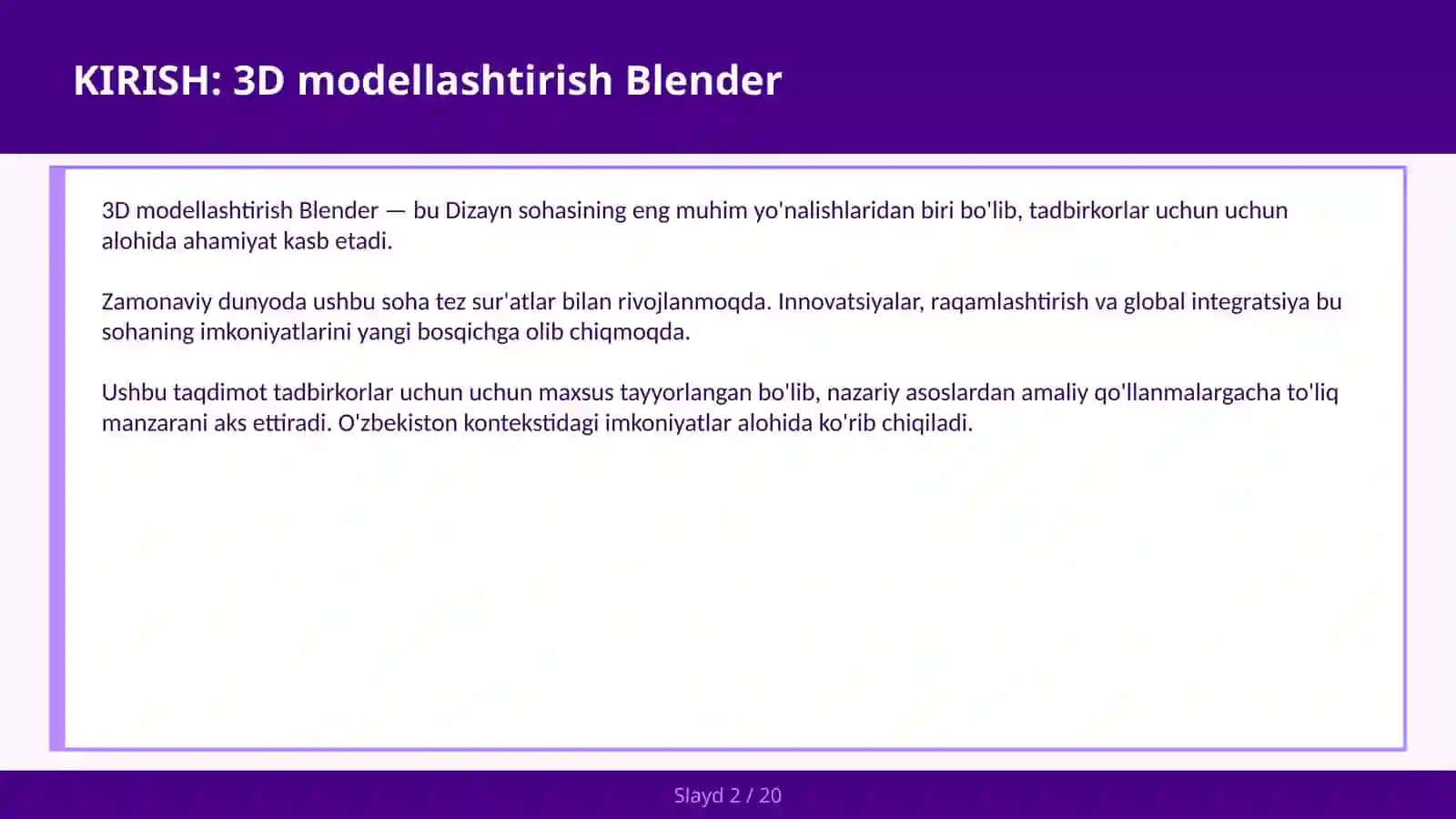 3D MODELLASHTIRISH BLENDER 2