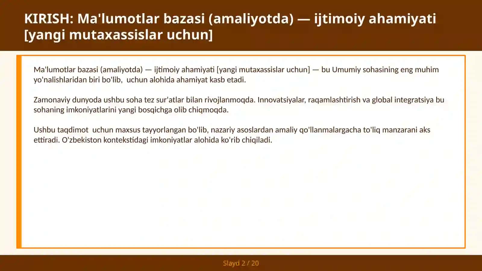 MA'LUMOTLAR BAZASI (AMALIYOTDA) — IJTIMOIY AHAMIYATI [YANGI MUTAXASSISLAR UCHUN] 2