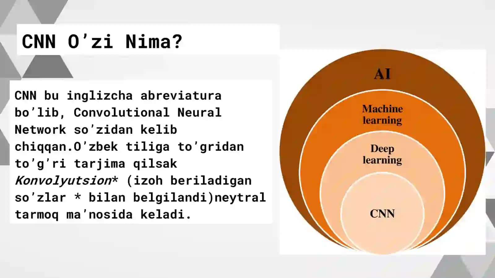 CNN ,Konvolyutsiyalangan Neyron Tarmoq,COnvolution Neural Network Taqdimoti 2