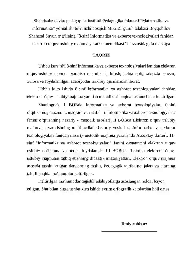 8-sinf Informatika va axborot texnologiyalari fanidan elektron o‘quv-uslubiy majmua yaratish metodikasi 2
