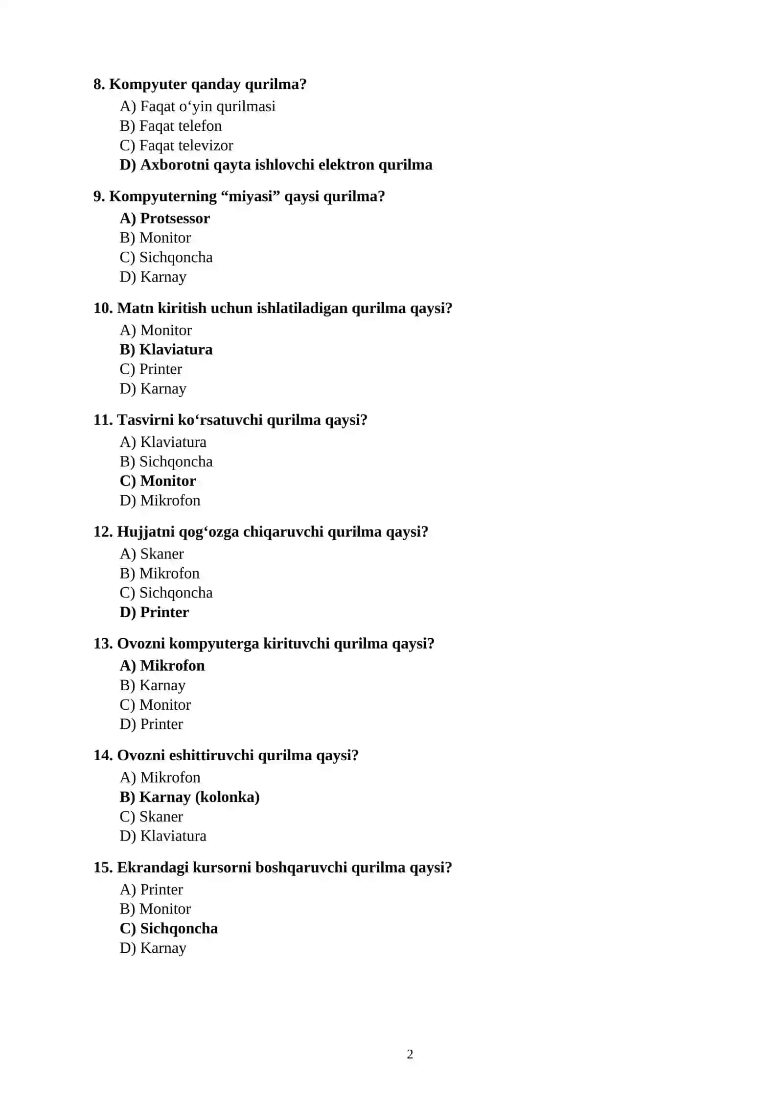 INFORMATIKA FANIDAN 100 TA TEST SAVOLLARI JAVOBLARI BILAN 2