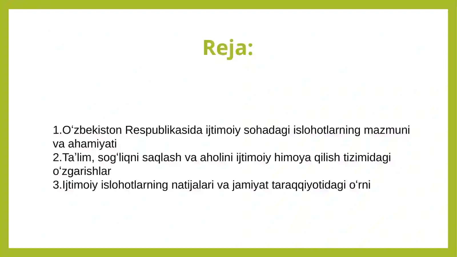 O'zbekiston Respublikasida ijtimoiy sohadagi islohotlar 2
