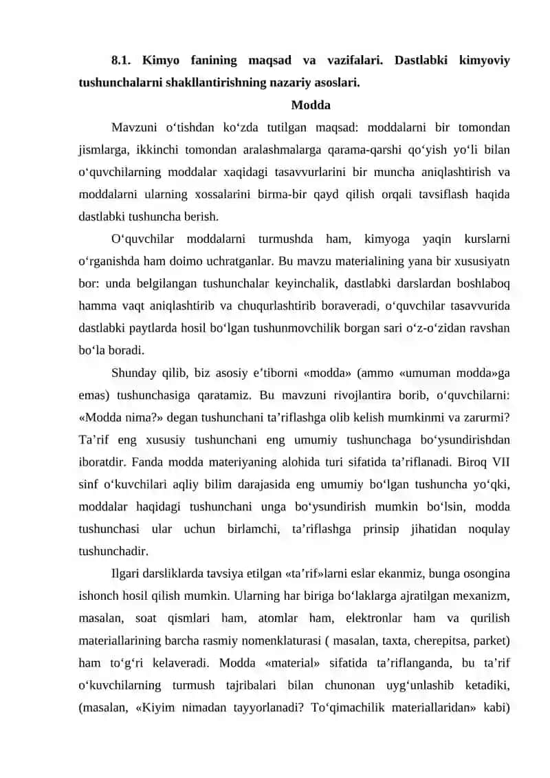 BOSHLANG‘ICH KIMYOVIY TUSHUNCHALARNI O‘QITISH METODIKASI 2