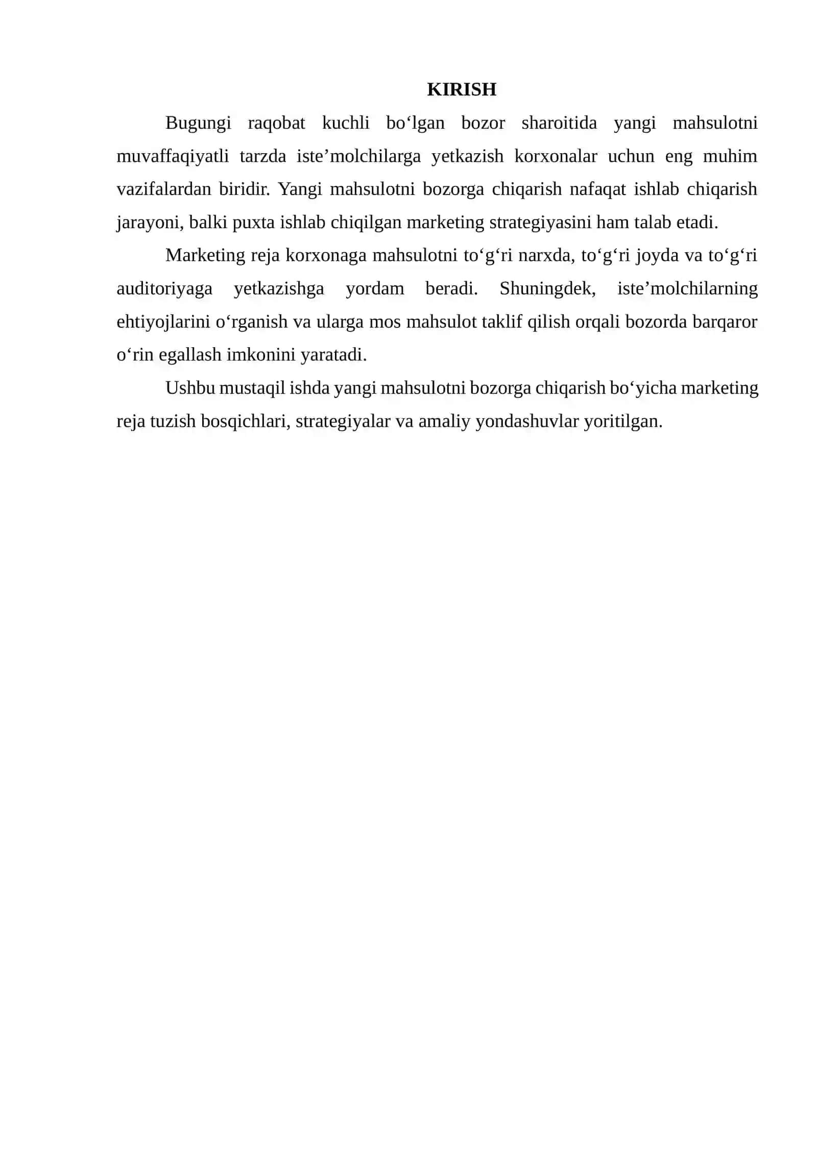 YANGI MAHSULOTNI BOZORGA CHIQARISH BO‘YICHA MARKETING REJA ISHLAB CHIQISH 2