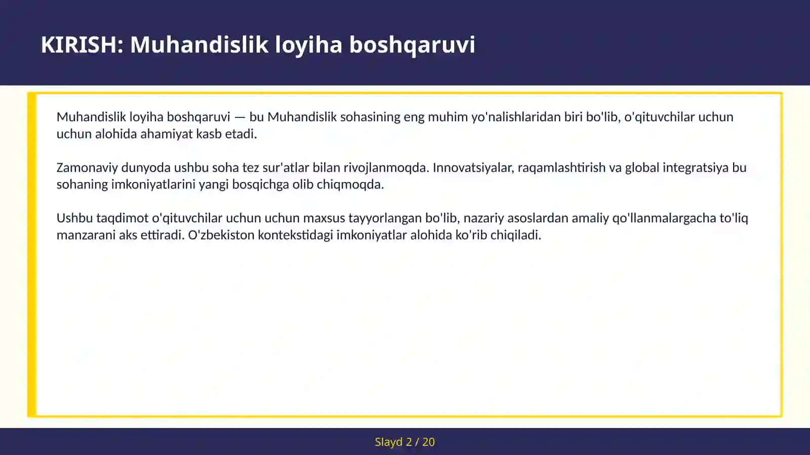 MUHANDISLIK LOYIHA BOSHQARUVI 2