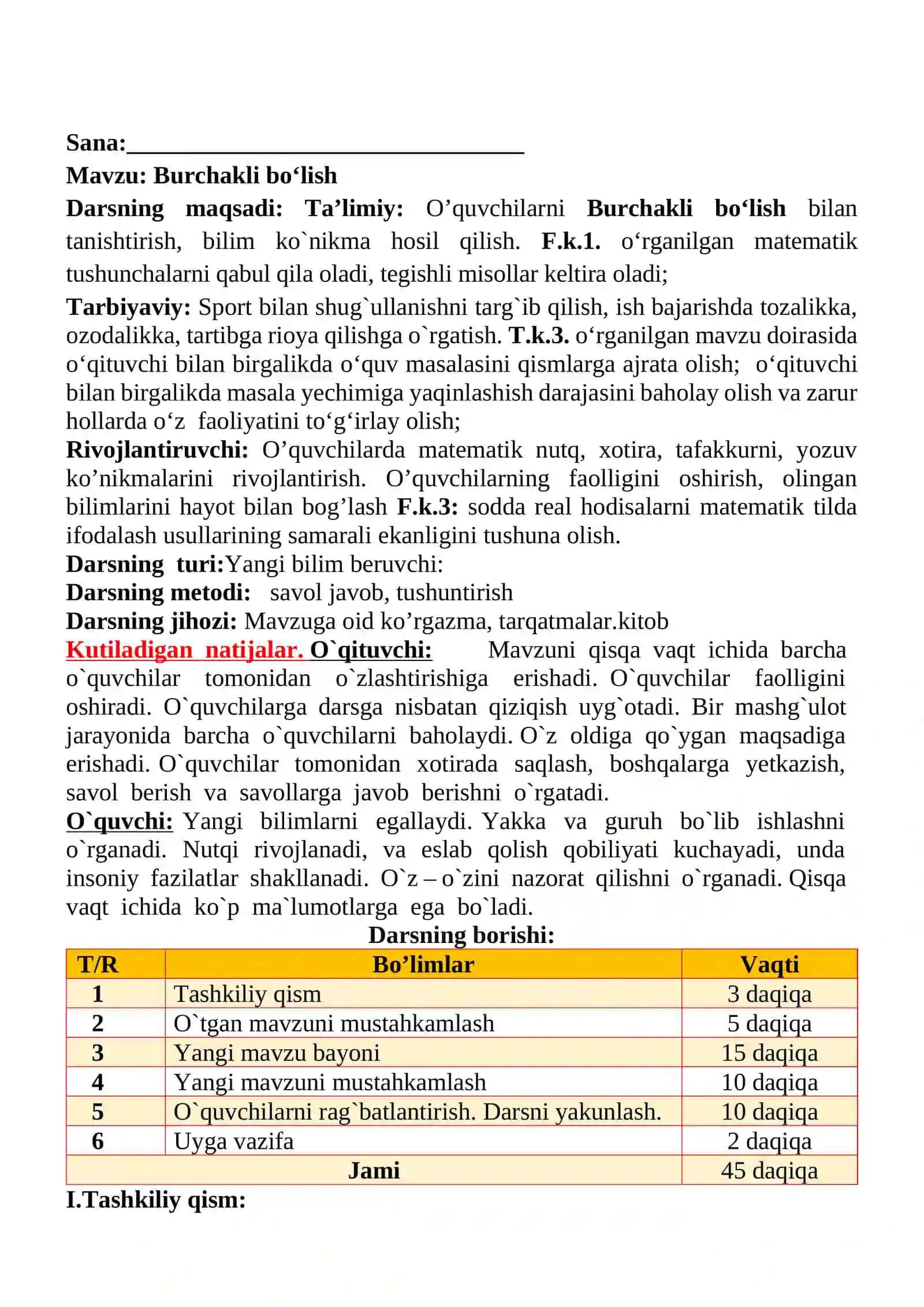 Burchakli bo‘lish mavzusida 3-sinf Matematika fanidan dars ishlanmasi 2