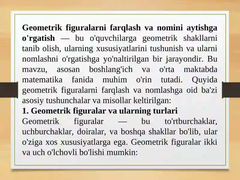Geometrik figuralarni farqlash va nomini aytishga o'rgatish 2