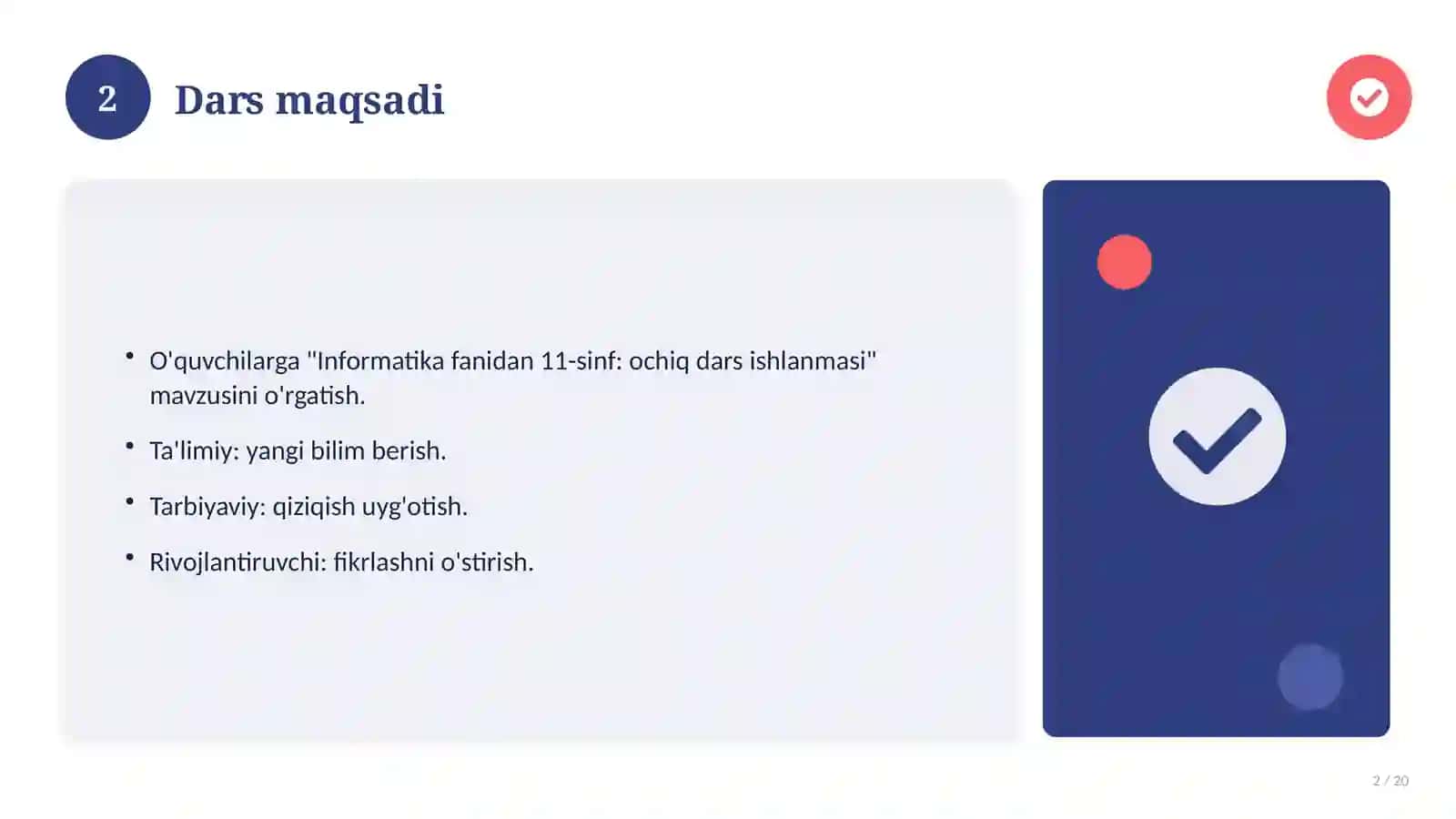 Informatika fanidan 11-sinf: ochiq dars ishlanmasi 2