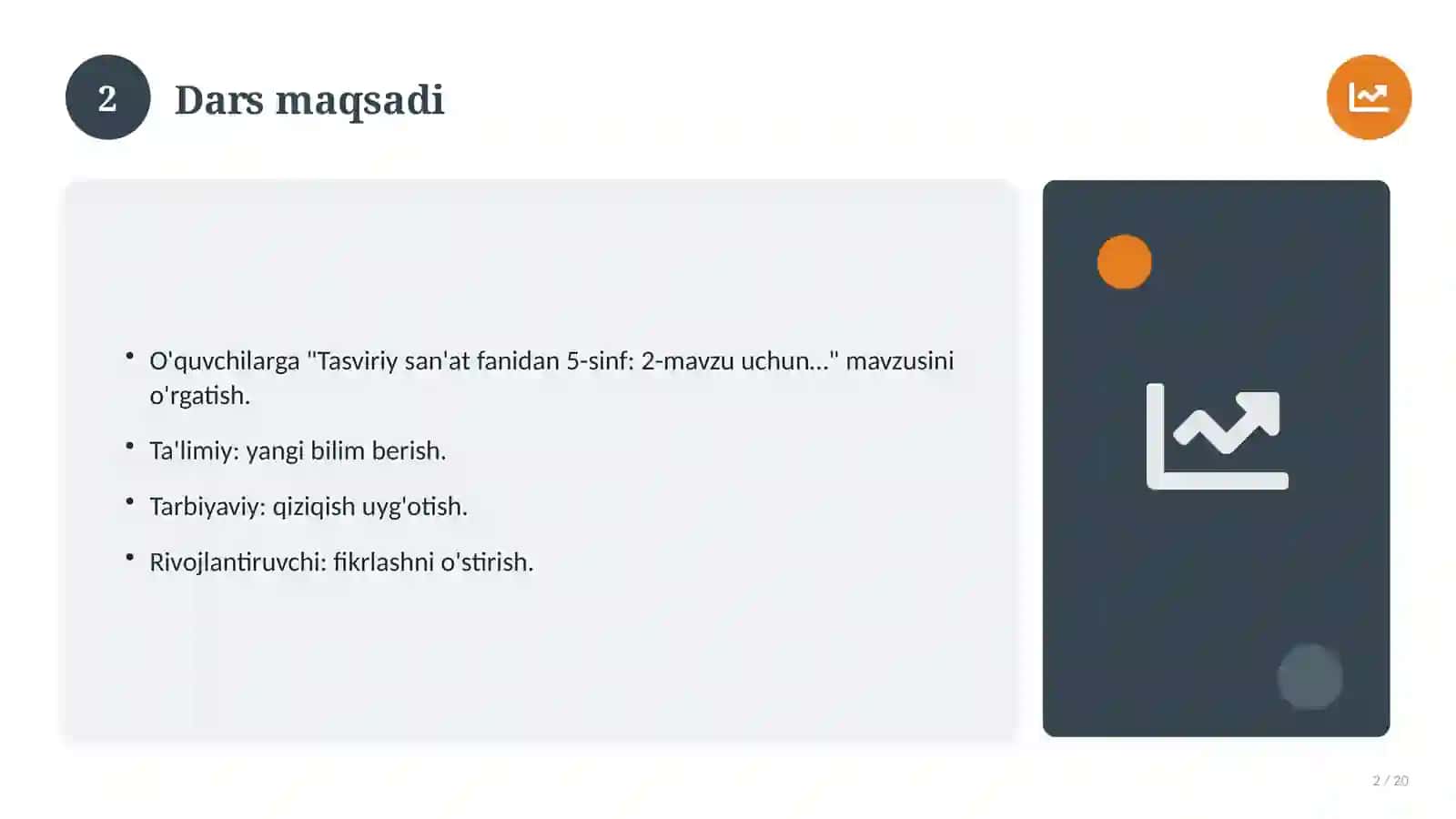 Tasviriy san'at fanidan 5-sinf: 2-mavzu uchun batafsil dars ishlanmasi 2