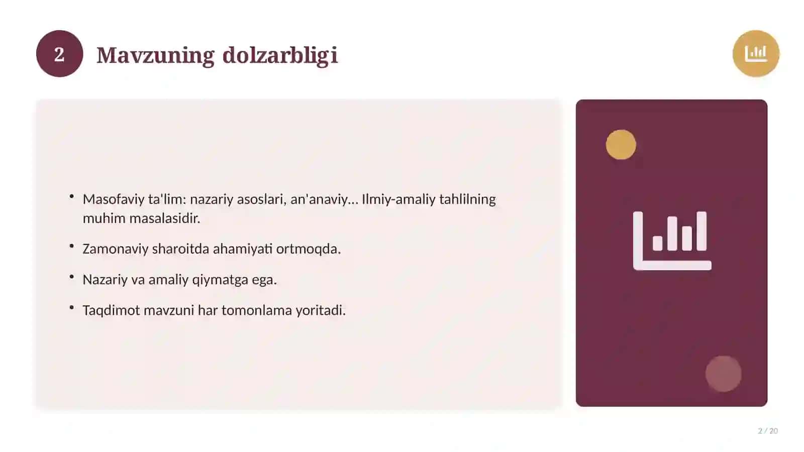 Masofaviy ta'lim: nazariy asoslari, an'anaviy yondashuvda (Magistrlik dissertatsiyasi mavzusi) 2