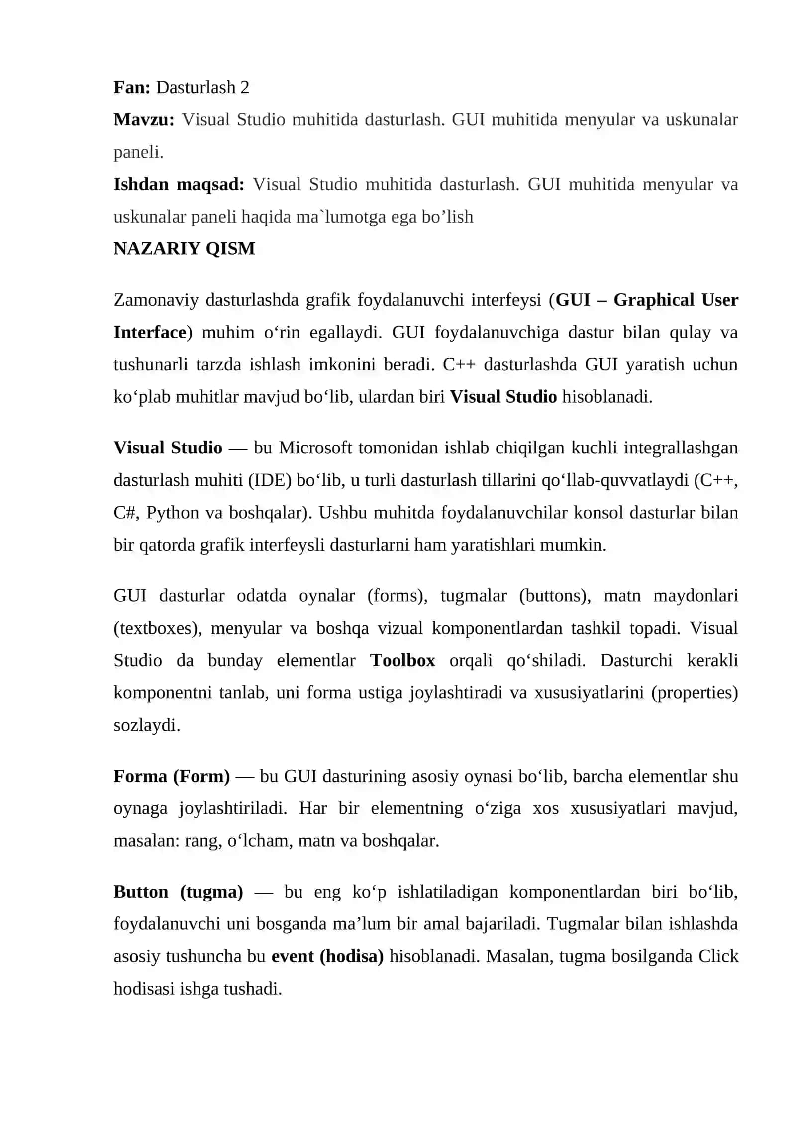 Visual Studio muhitida dasturlash 2