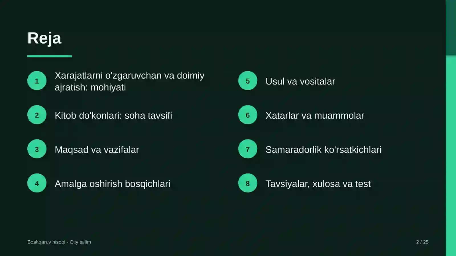 Kitob do'konlarida xarajatlarni o'zgaruvchan va doimiy qismlarga ajratish 2