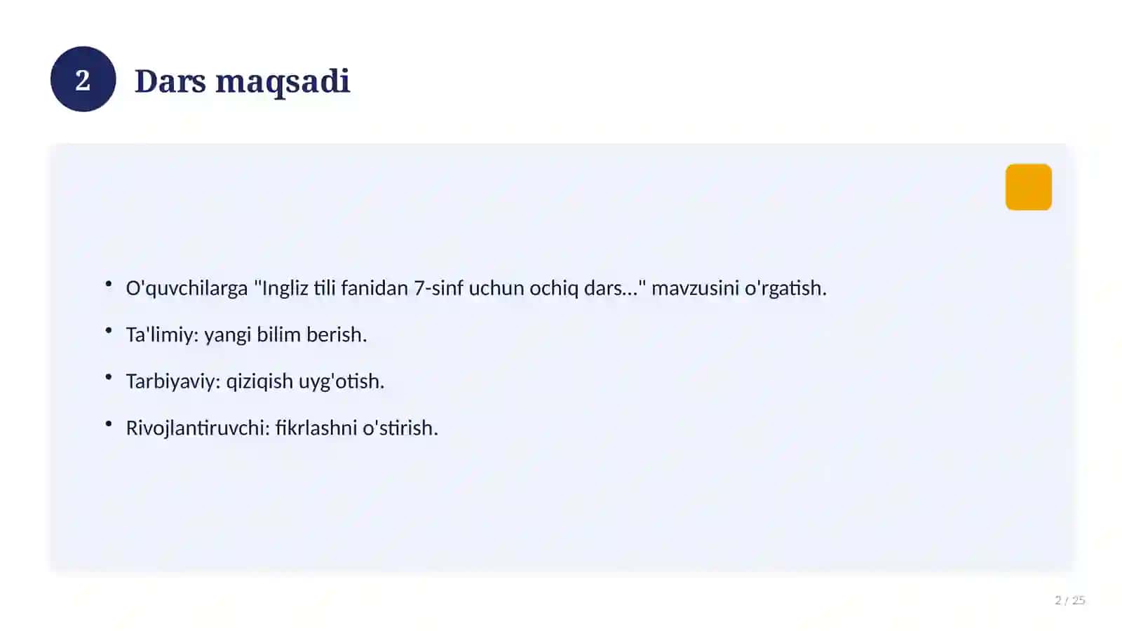 Ingliz tili fanidan 7-sinf uchun ochiq dars ishlanmasi 2