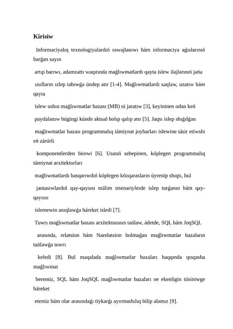 SQL ja`rdeminde mag`luwmatlardi xarakteristikalaw 2