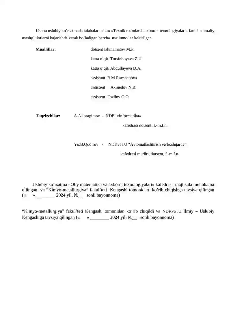 Texnik tizimlarda axborot texnologiyalari amaliy mashg'ulotlar 2