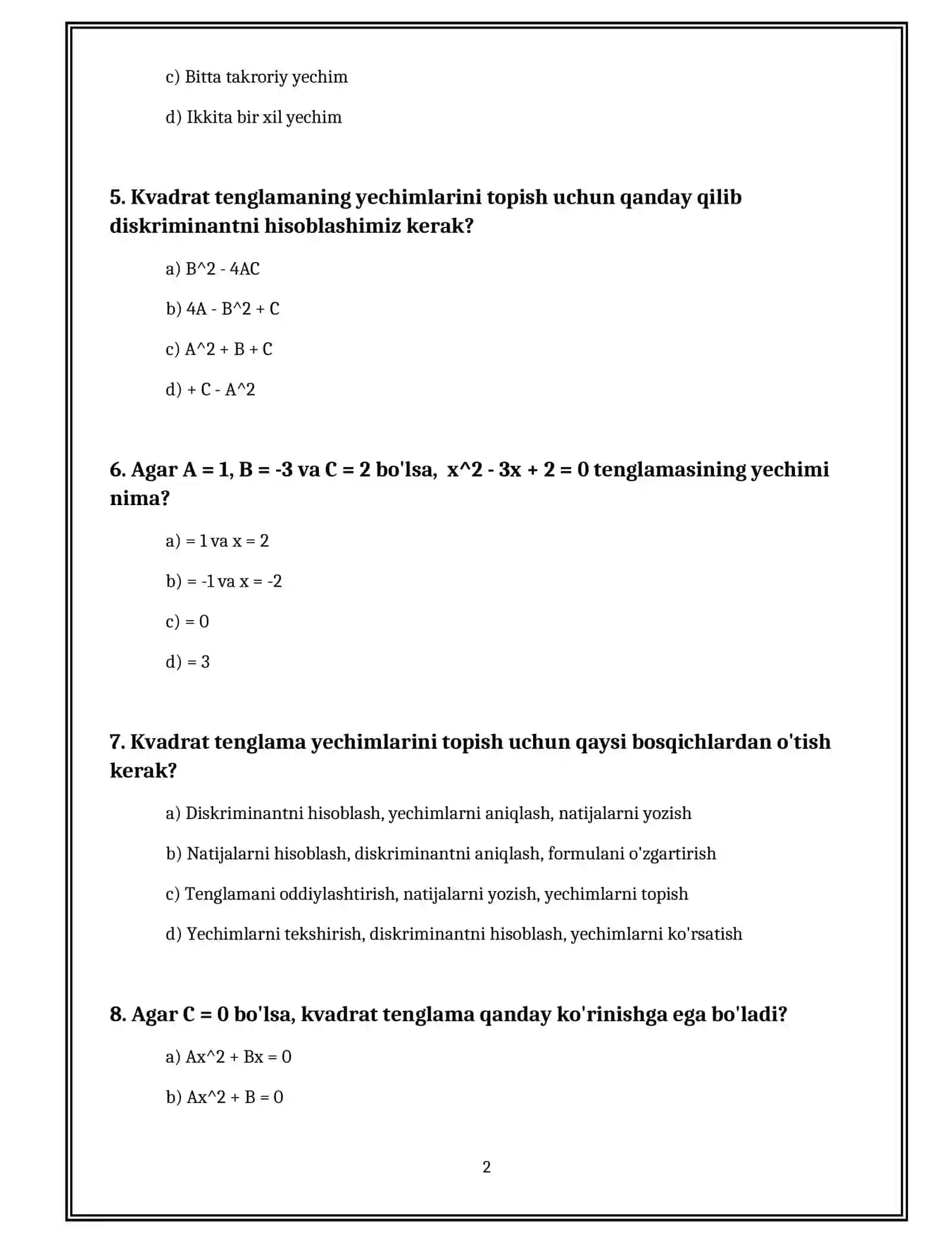 KVADRAT TENGLAMALAR VA ULARNING YECHIMLARI 2