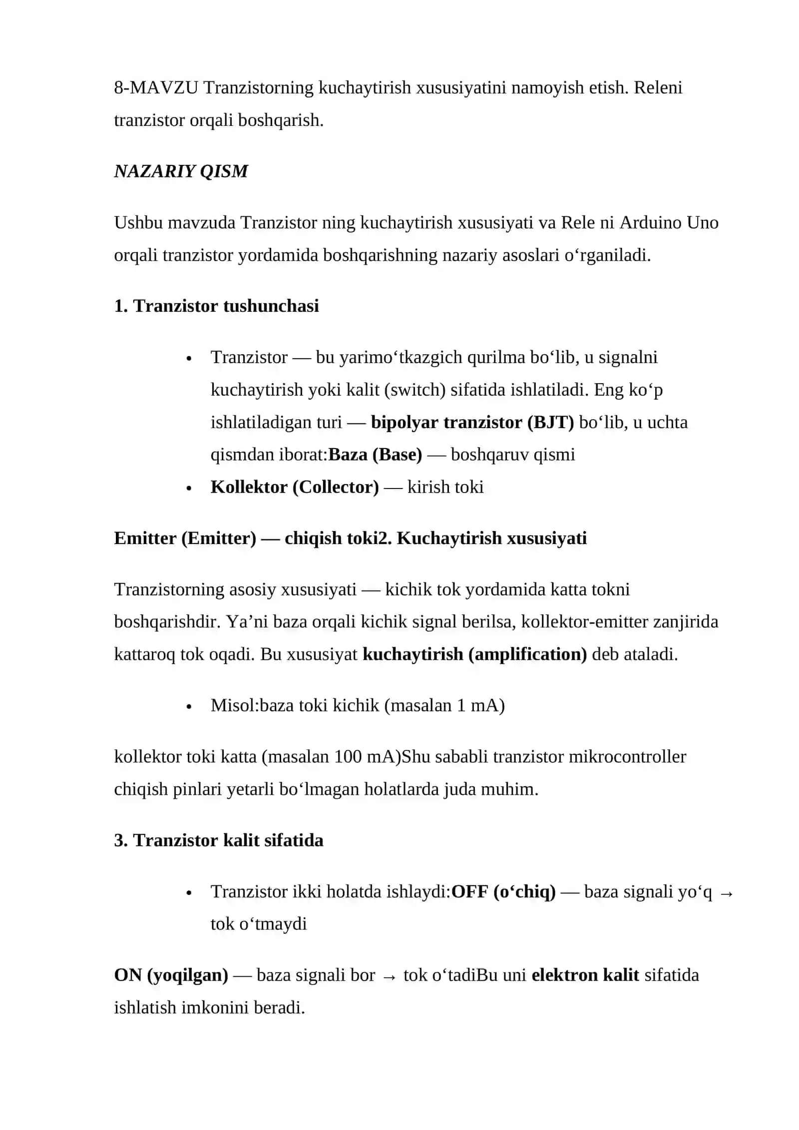 Tranzistorning kuchaytirish xususiyatini namoyish etish. Releni tranzistor orqali boshqarish 2