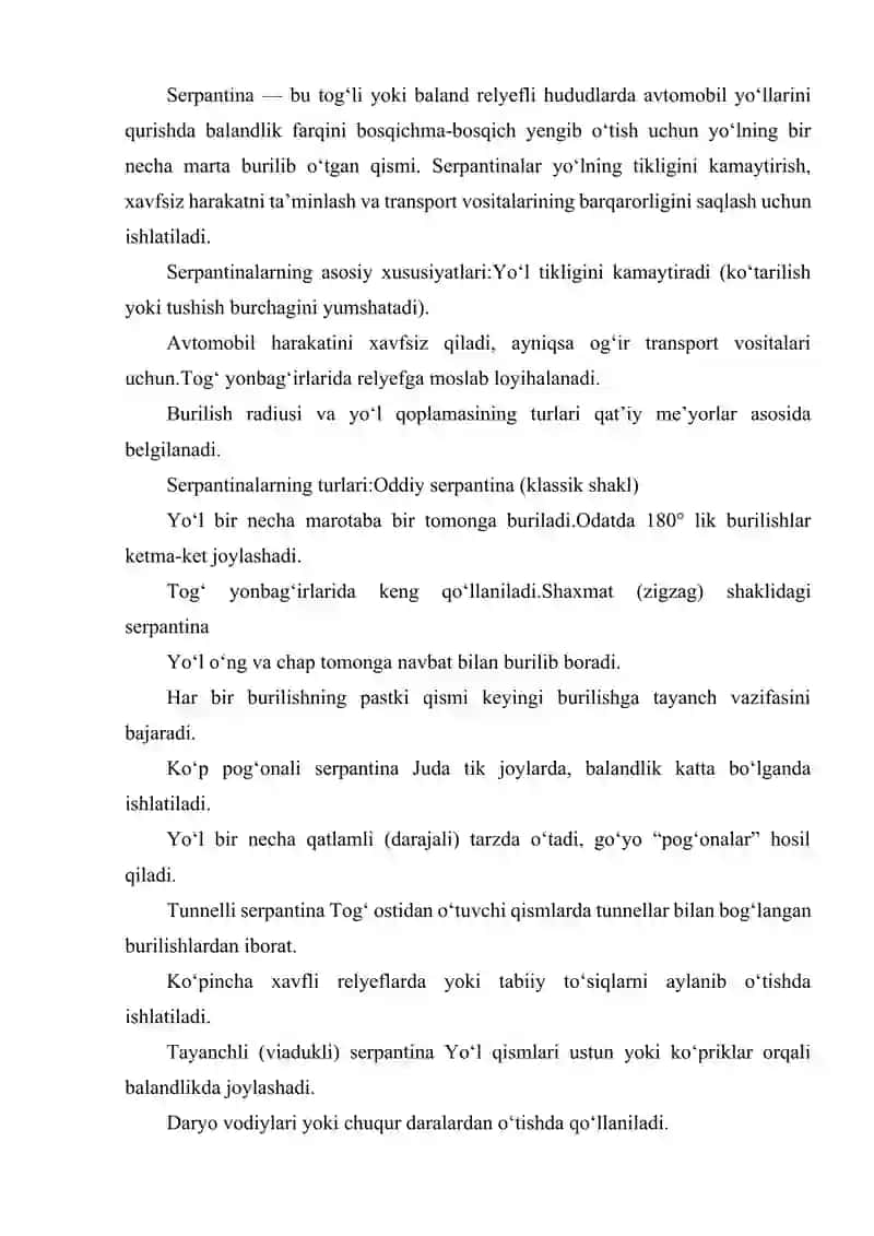 AVTOMOBIL YO'LLARIDAGI SERPANTINALAR VA ULARNING TURLARI 2