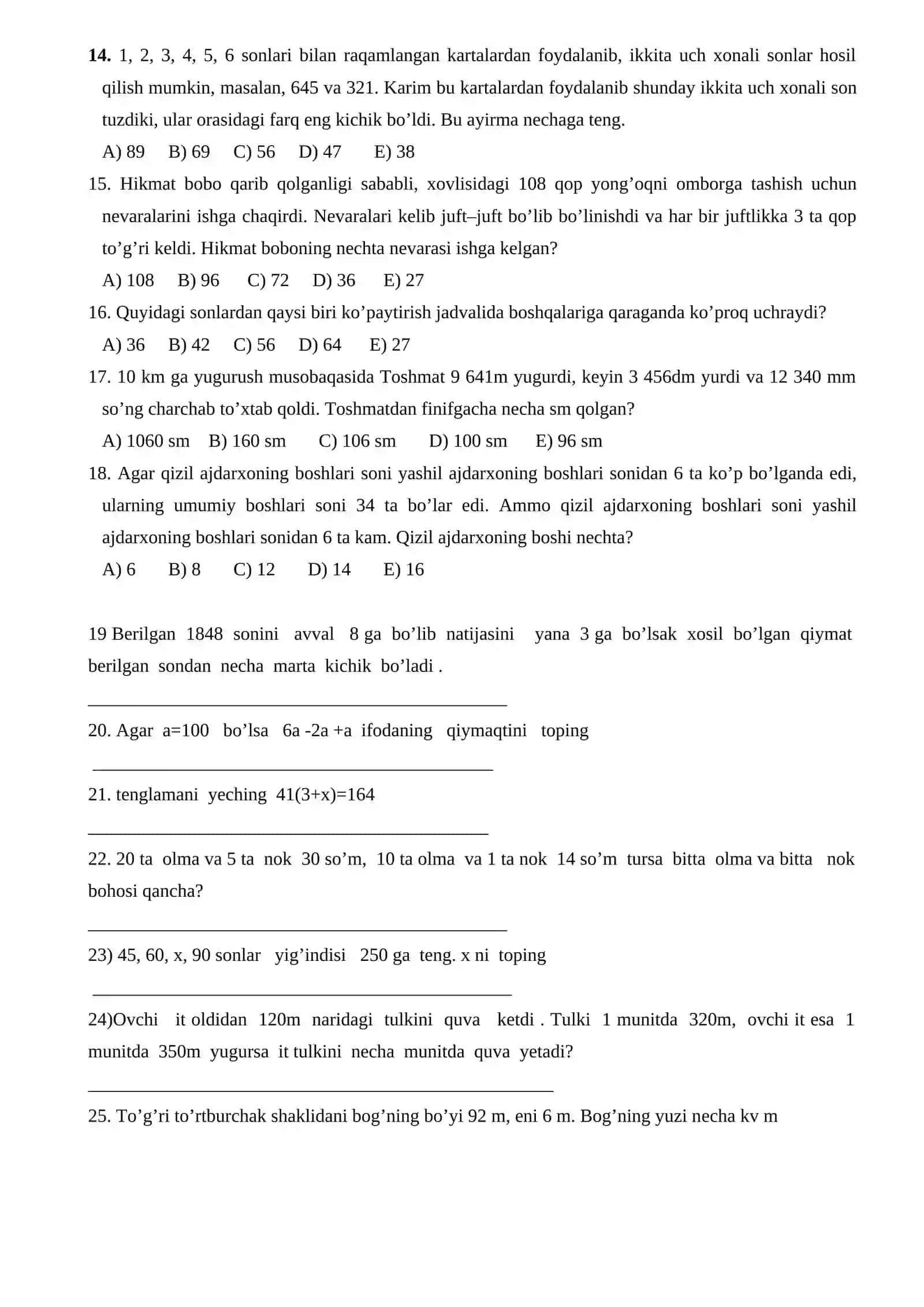 5 – sinf uchun Bilimlar bellashuvi testi 2