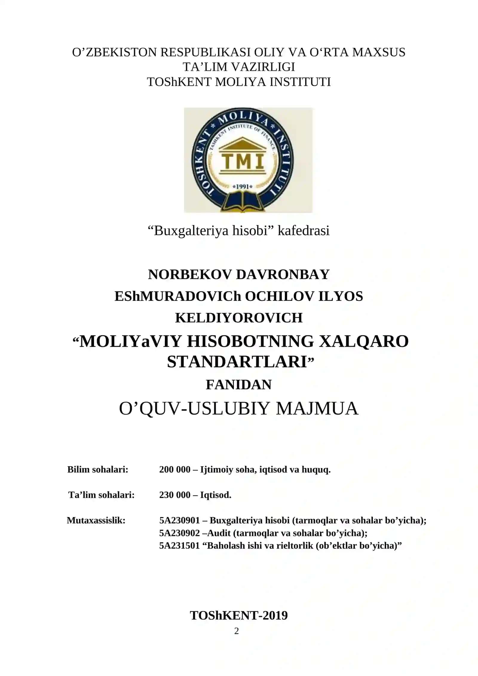 MOLIYAVIY HISOBOTNING XALQARO STANDARTLARI fanidan O’QUV-USLUBIY MAJMUA 2