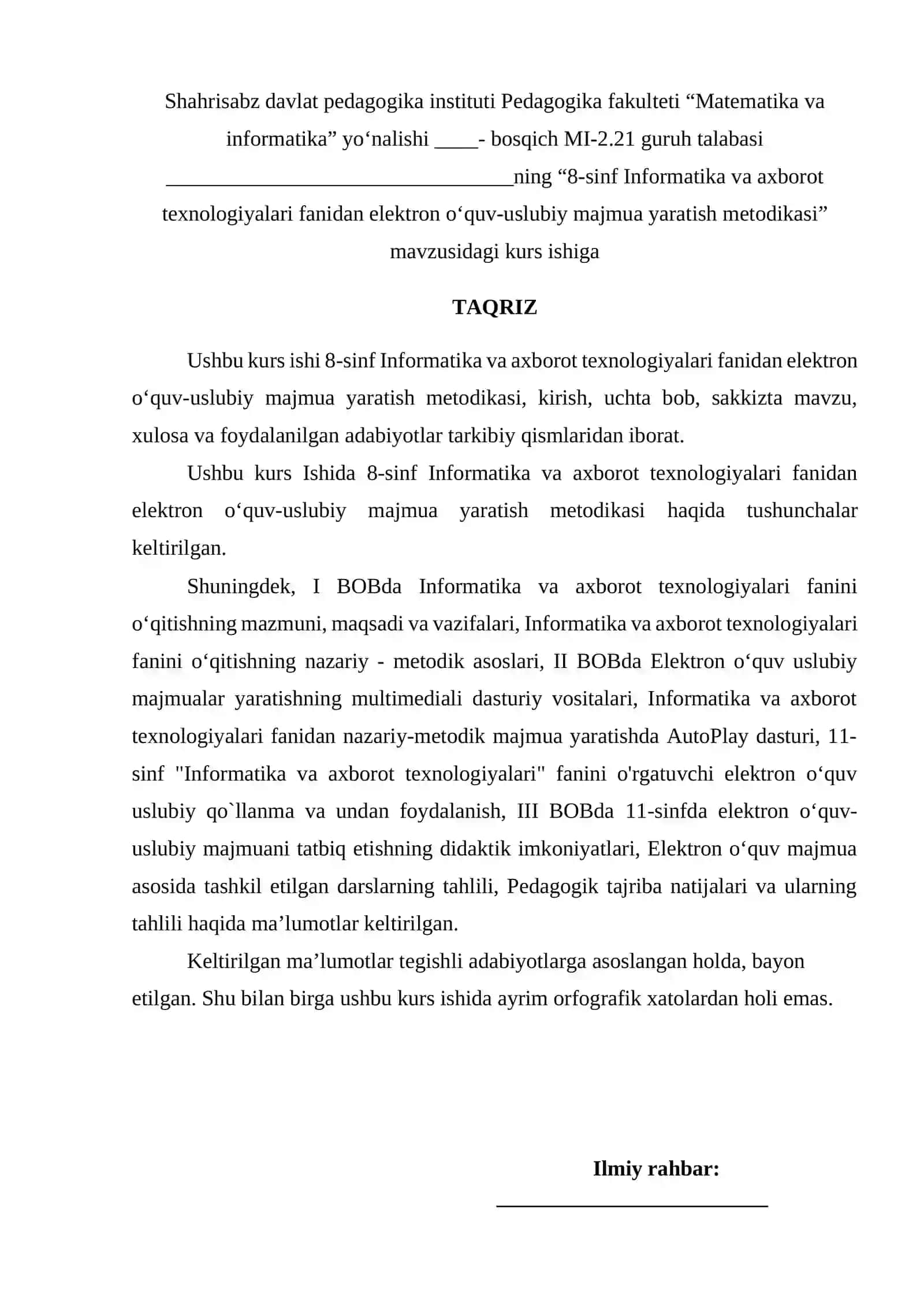 8-sinf Informatika va axborot texnologiyalari fanidan elektron o’quv-uslubiy majmua yaratish metodikasi 2