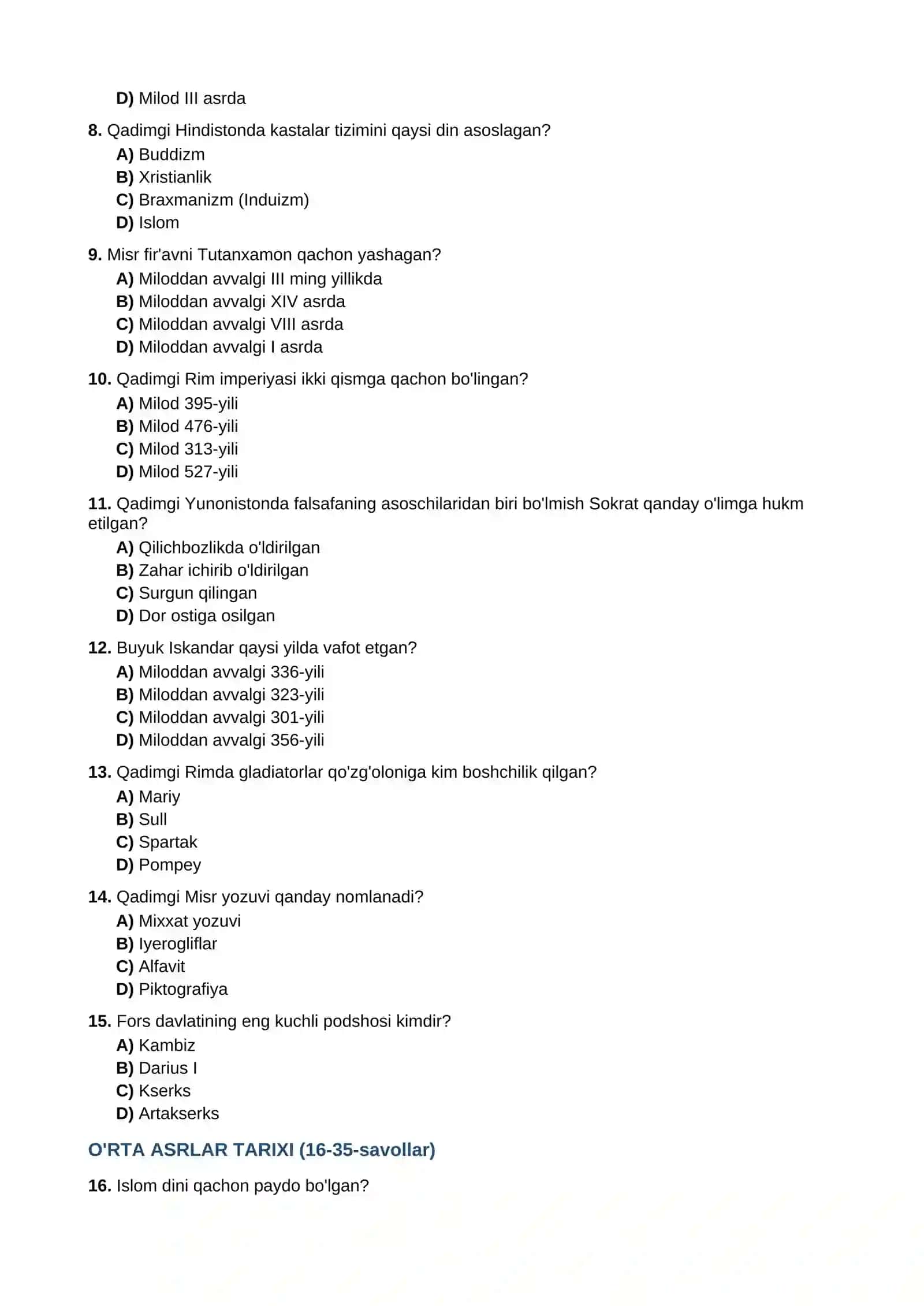 Tarix savollar 2