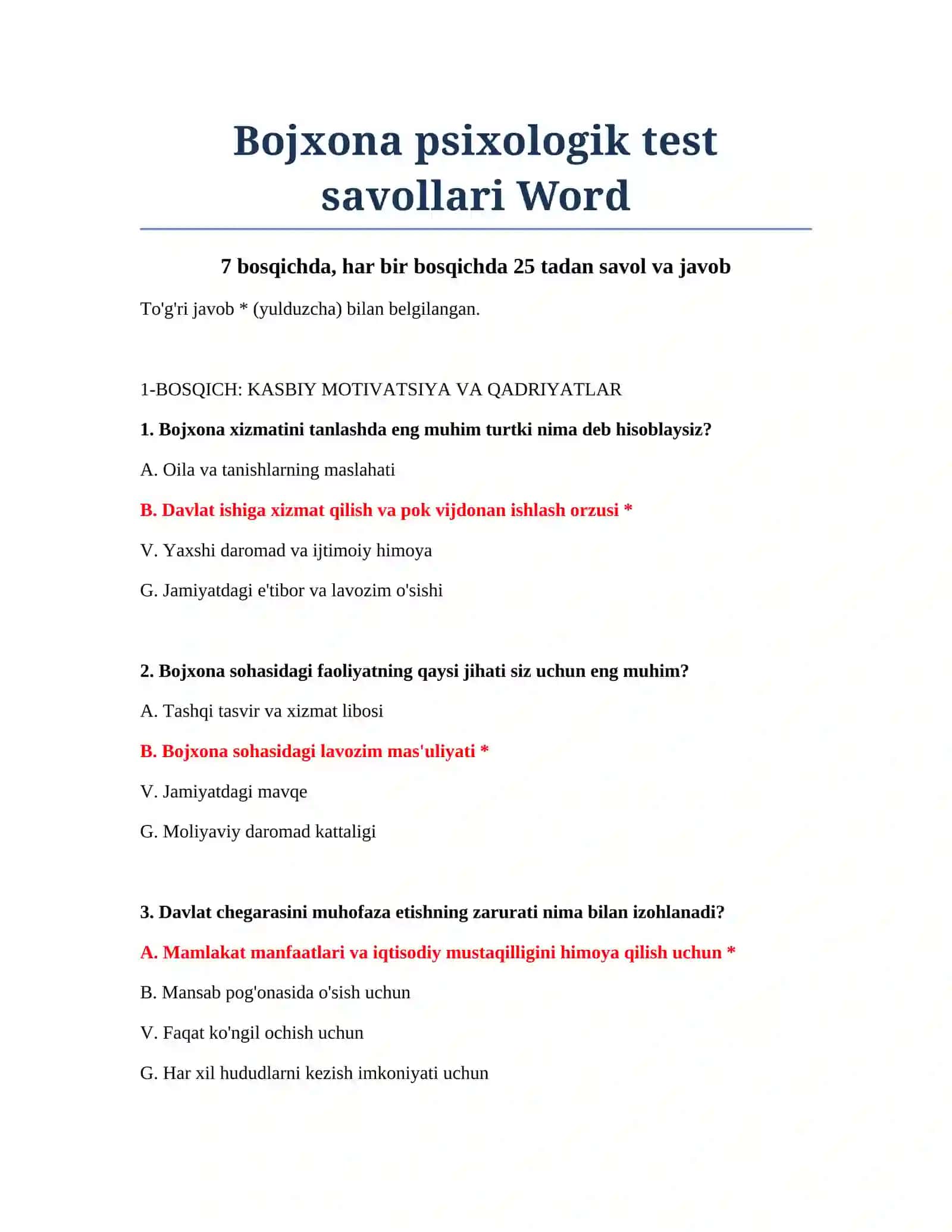 Bojxona psixologik test savollari Word 2