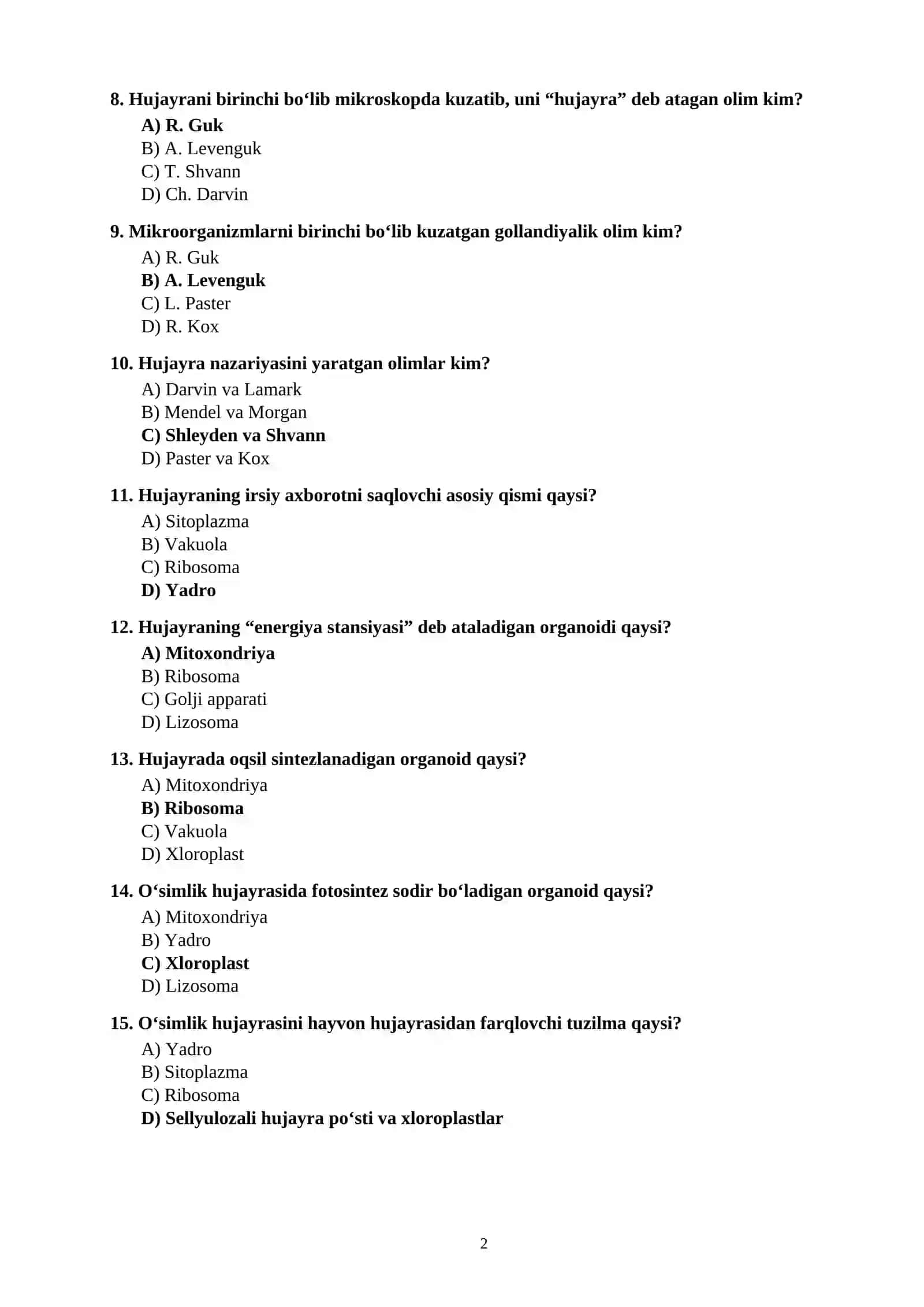 BIOLOGIYA FANIDAN 100 TA TEST SAVOLLARI JAVOBLARI BILAN 2