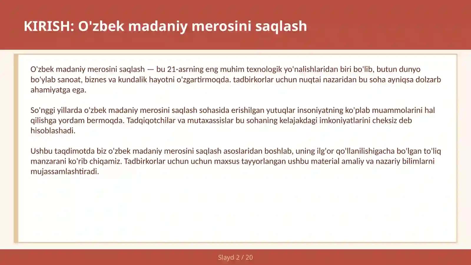 O'ZBEK MADANIY MEROSINI SAQLASH 2