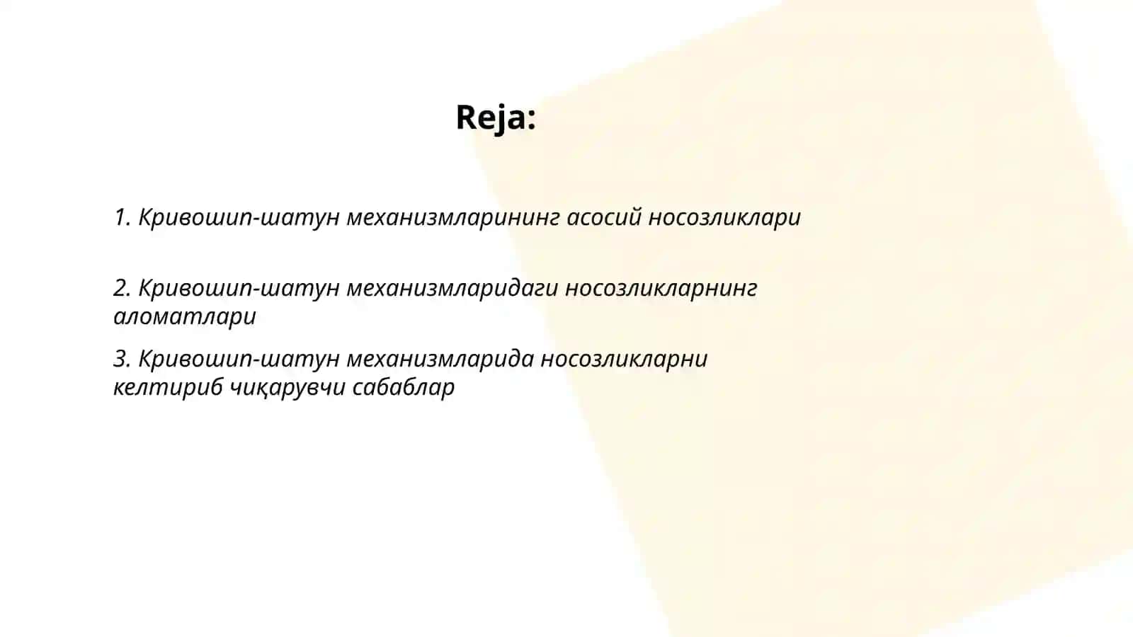 Dvigatelning krivaship-shatun va gaztaqsimlash mexanizmlarida uchraydigan asosiy nosozliklar, ularning alomatlari va kelib chiqish sabablari, kirivaship-shatun va gaz taqsimlash mexanizmi bo'yicha bajariladigan TSva T ishlar 2
