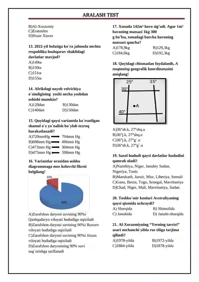 Geografiya fanidan aralash test 2