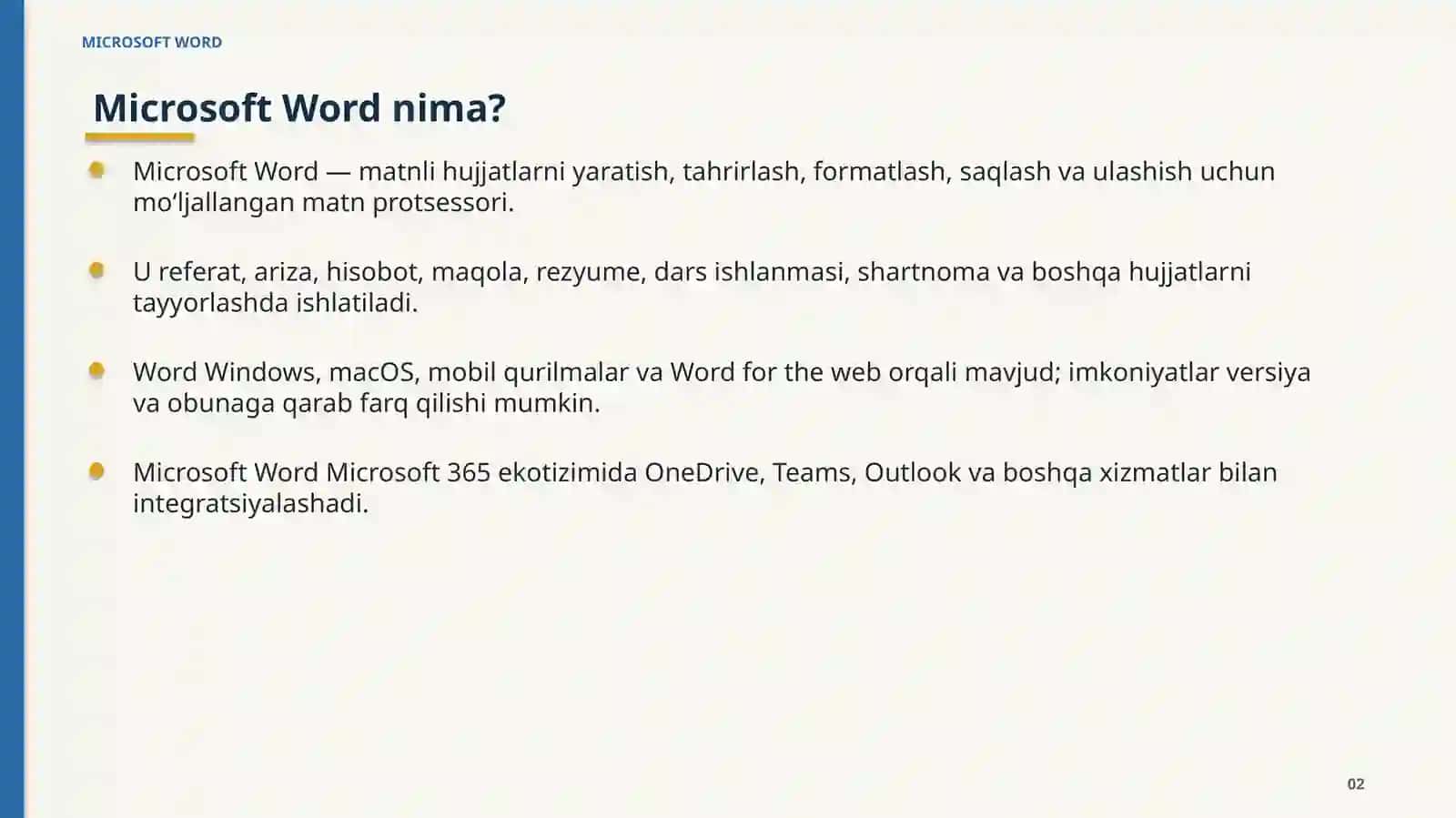 MICROSOFT WORD IMKONIYATLARI 2