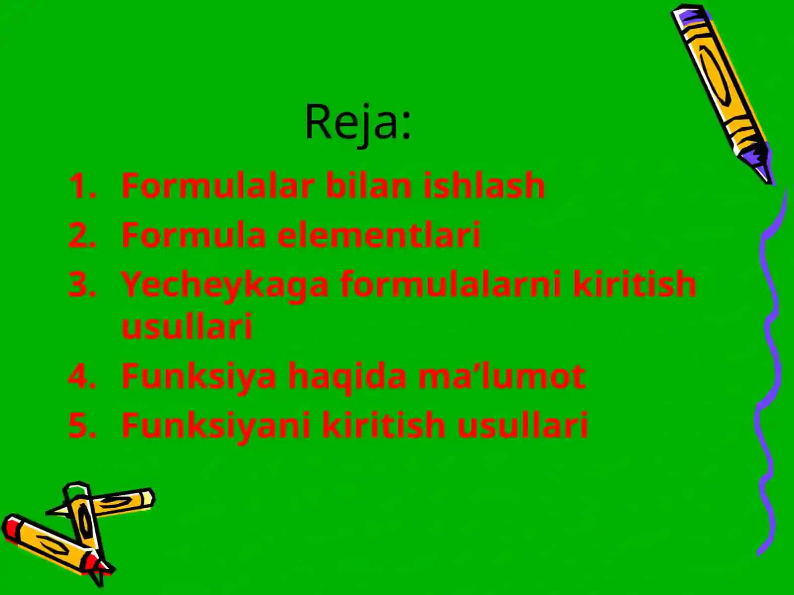 MS EXCEL DASTURIDAFORMULA VA FUNKSIYALAR BILAN ISHLASH 2