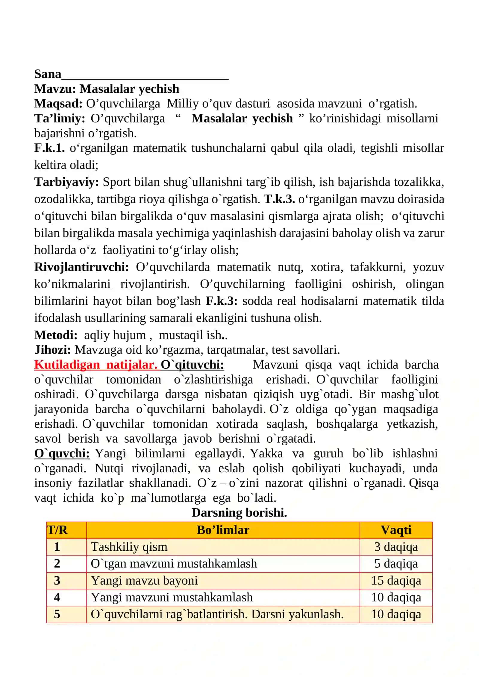Masalalar yechish 1-sinflar uchun Matematika fanidan dars ishlanmasi 2