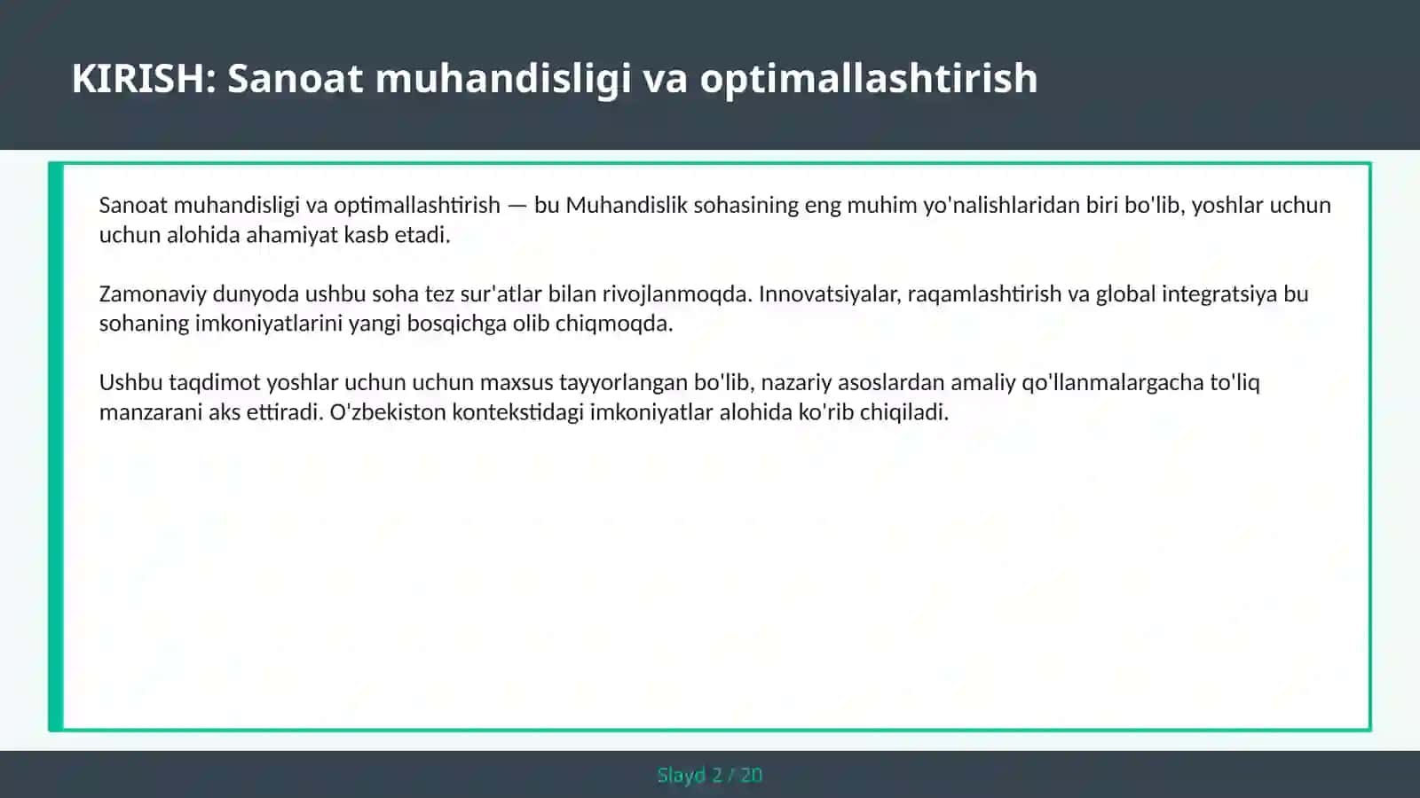 SANOAT MUHANDISLIGI VA OPTIMALLASHTIRISH 2