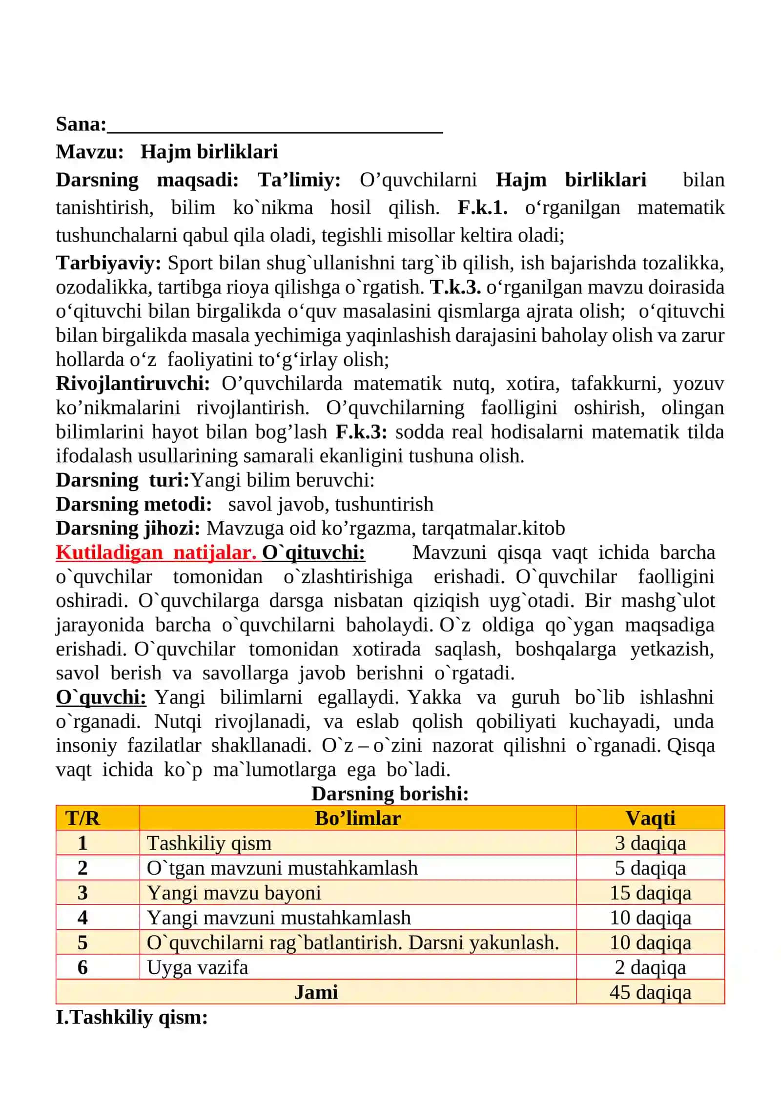 Hajm birliklari mavzusida 3-sinf Matematika fanidan dars ishlanmasi 2