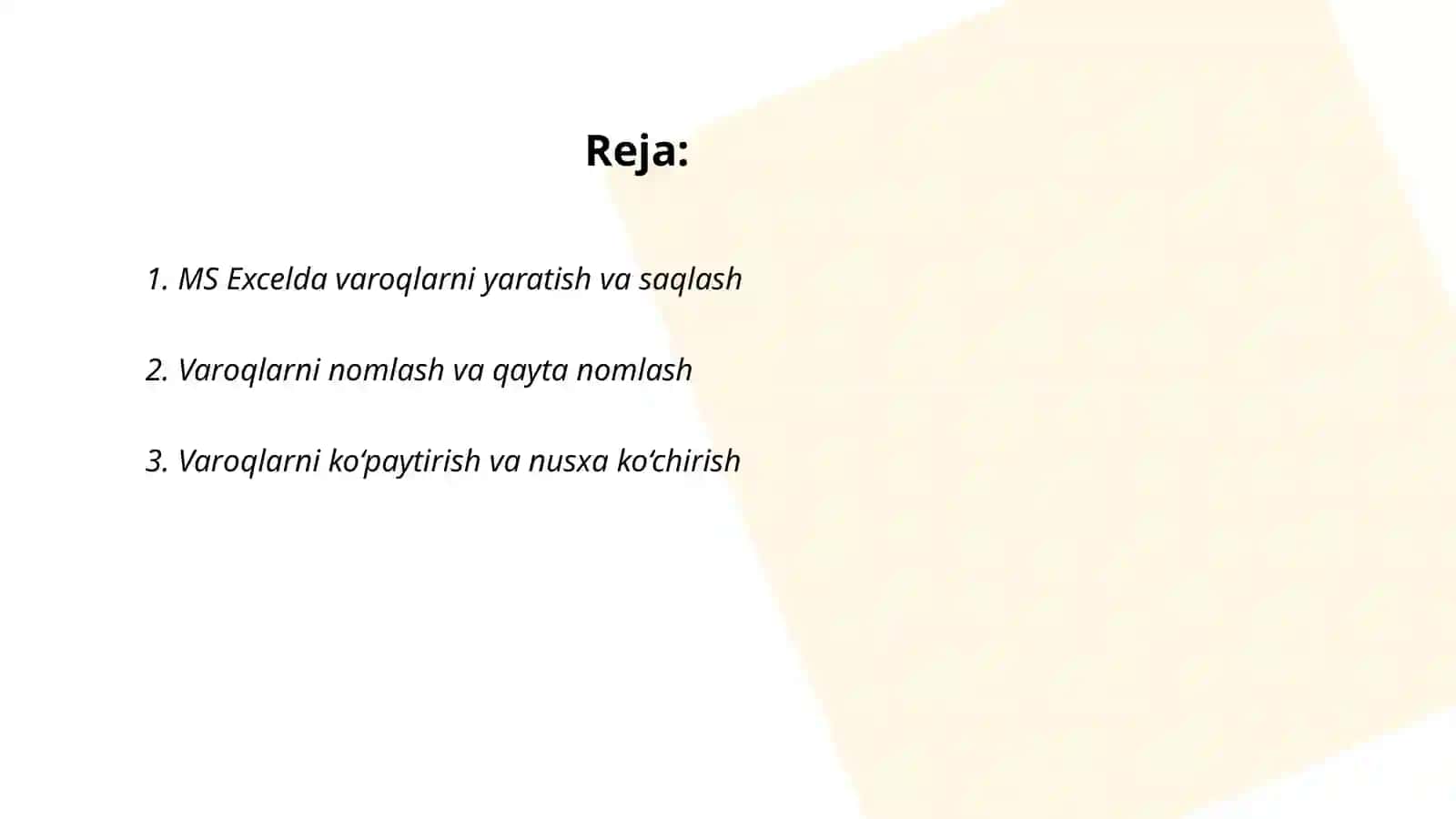 MS Excelda varoqlar bilan ishlash 2