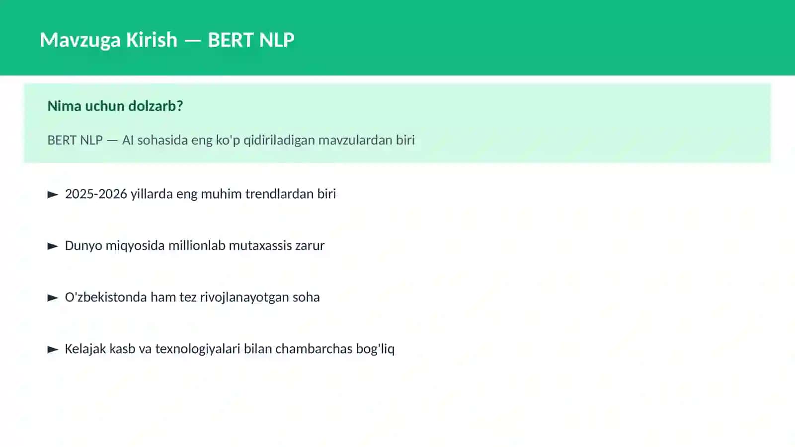 AI | DEEP LEARNING VA NEYRON TARMOQLAR BERT NLP 2