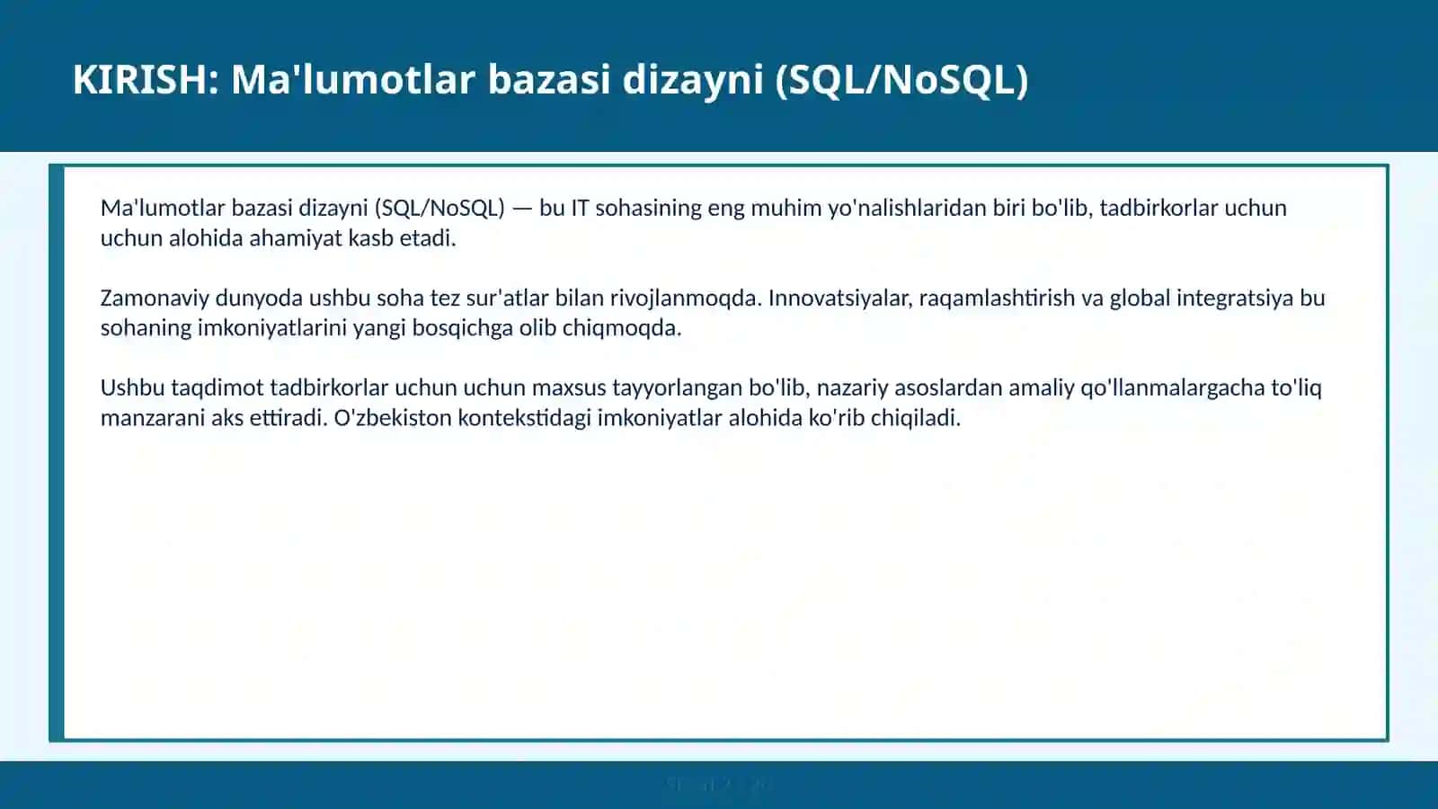 Ma'lumotlar bazasi dizayni (SQL/NoSQL) 2