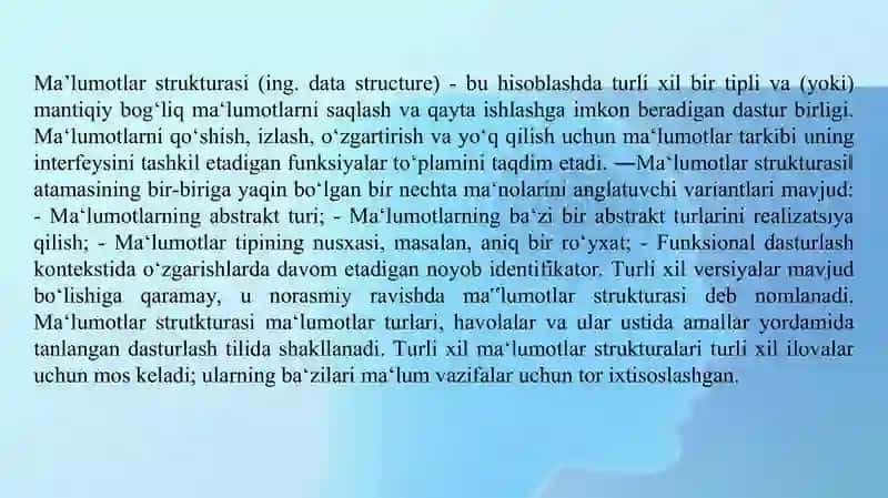 Berilganlarning sodda strukturalari stek, navbat, ro‘yxat, deklar. 2