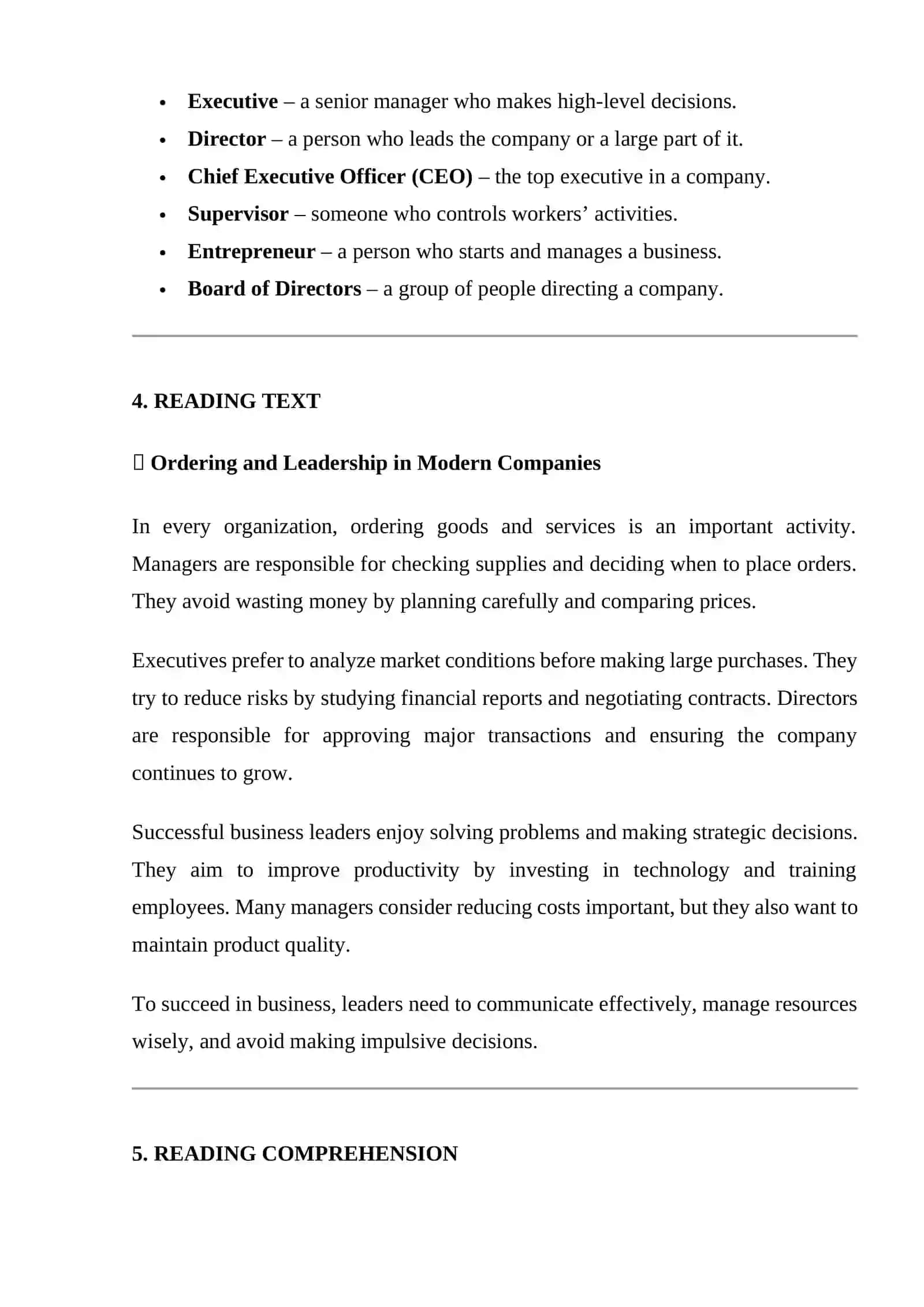 UNIT 6: Ordering. Managers, Executives and Directors 2