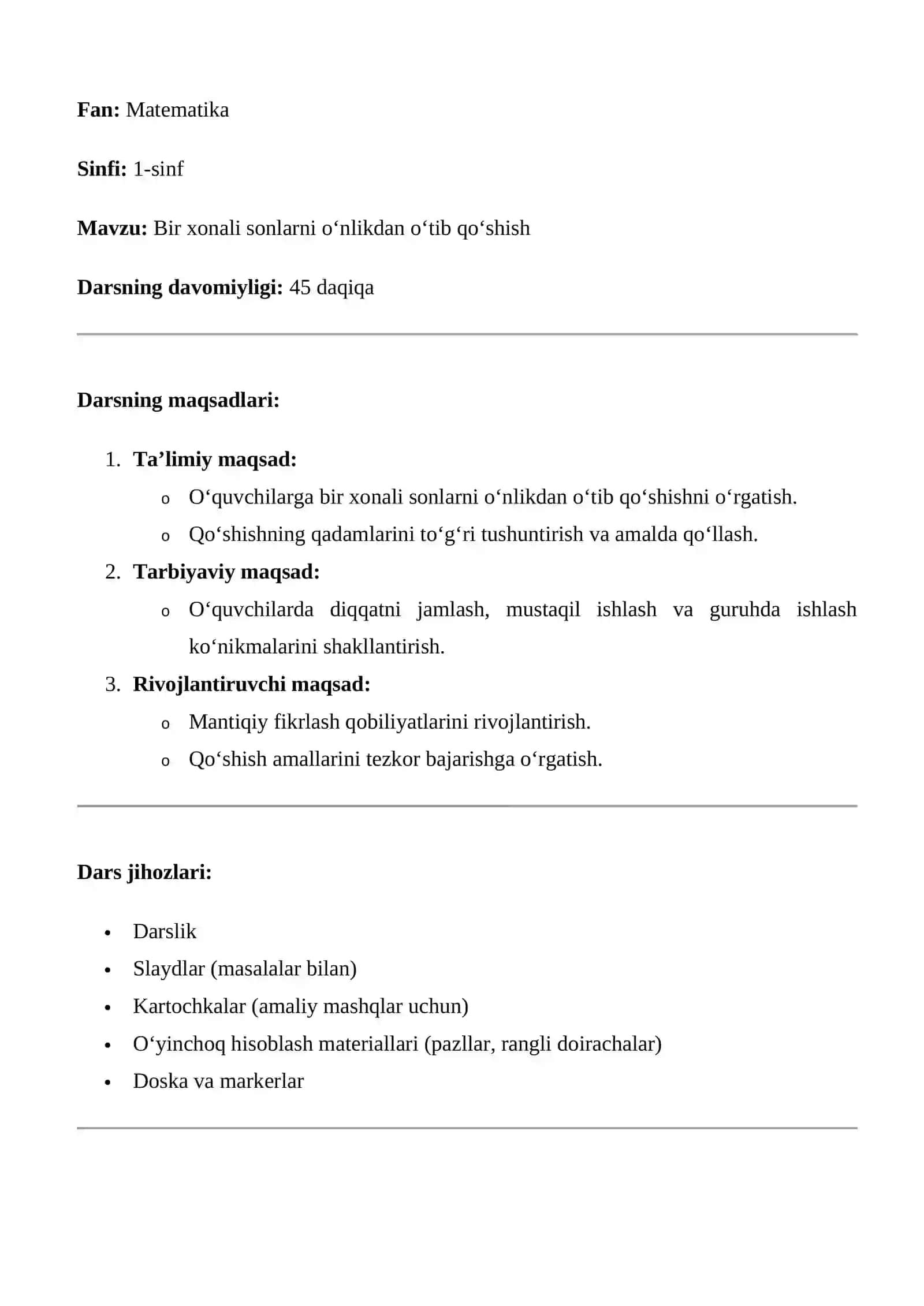1-sinflar uchun matematika dars ishlanmasi 2