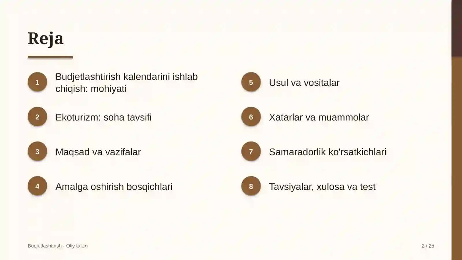 Ekoturizmda budjetlashtirish kalendarini ishlab chiqish 2