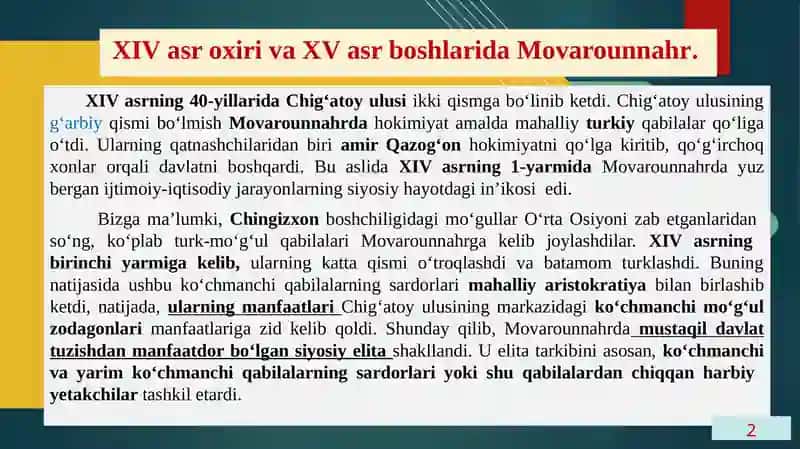 XIV asr oxiri va XV asr boshlarida Movarounnahr va Xurosondagi siyosiy vaziyat. 2