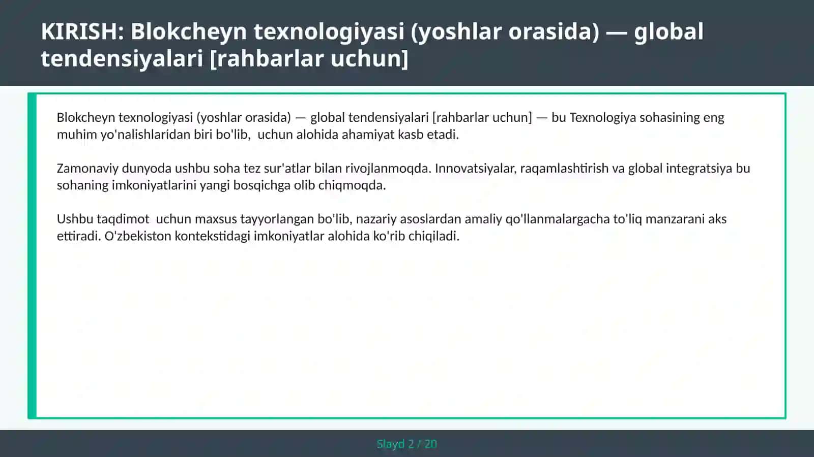 Blokcheyn texnologiyasi (yoshlar orasida) — global tendensiyalari [rahbarlar uchun] 2
