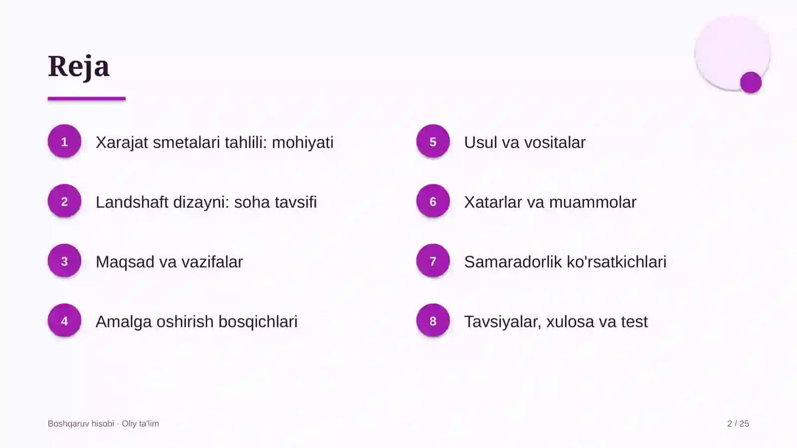 Landshaft dizaynida xarajatlar smetalarini tahlil qilish 2