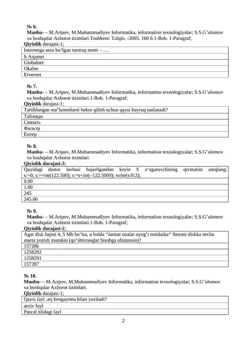 INFORMATIKA VA AXBOROT TEXNOLOGIYALARI FANIDAN TEST 2