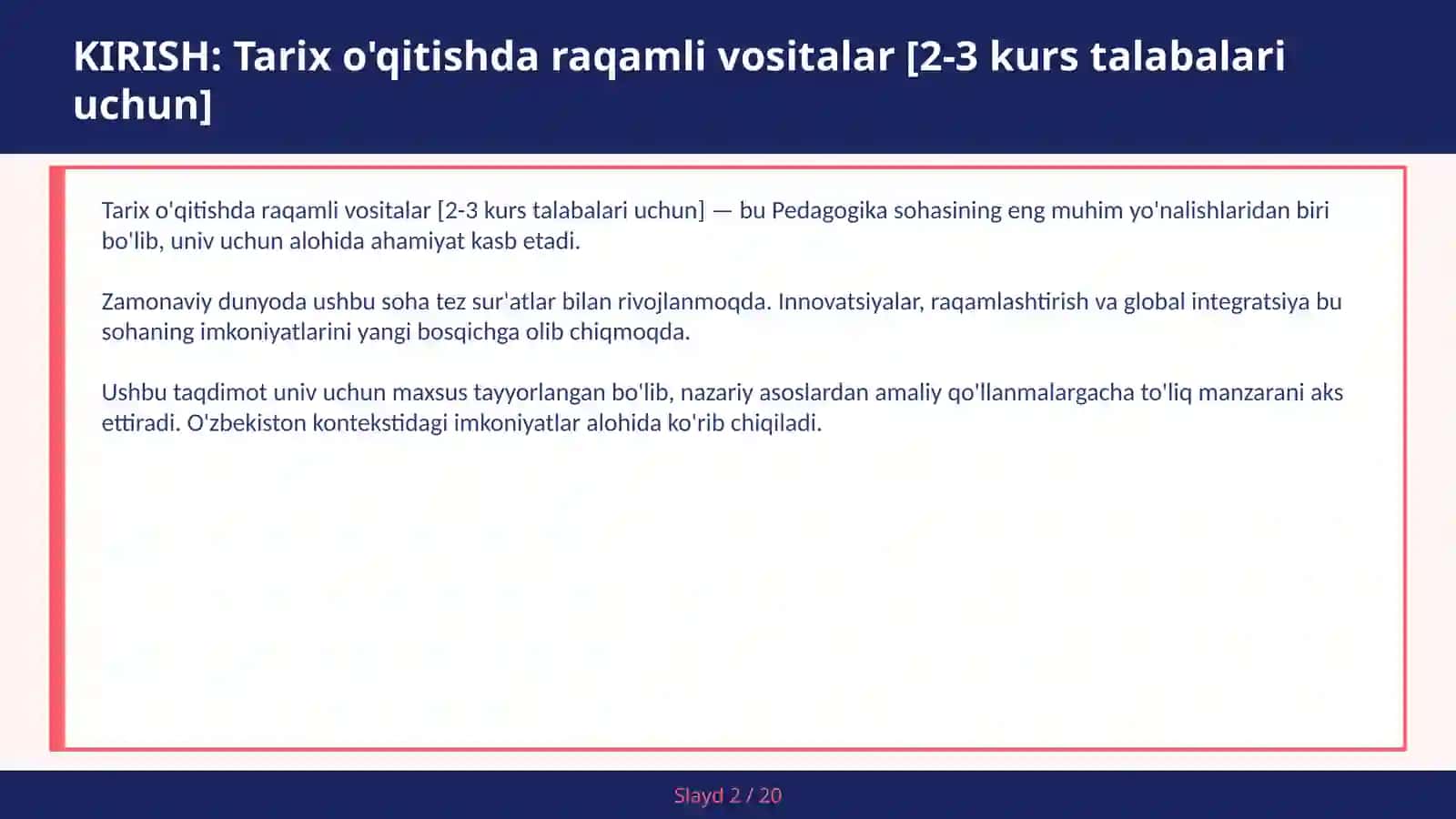 Tarix o'qitishda raqamli vositalar [2-3 kurs talabalari uchun] 2