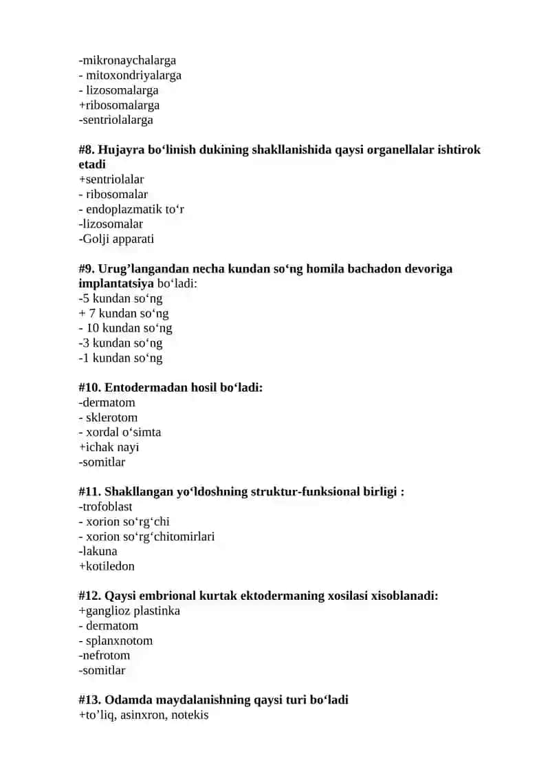 Gistologiya test 2019 yil 2