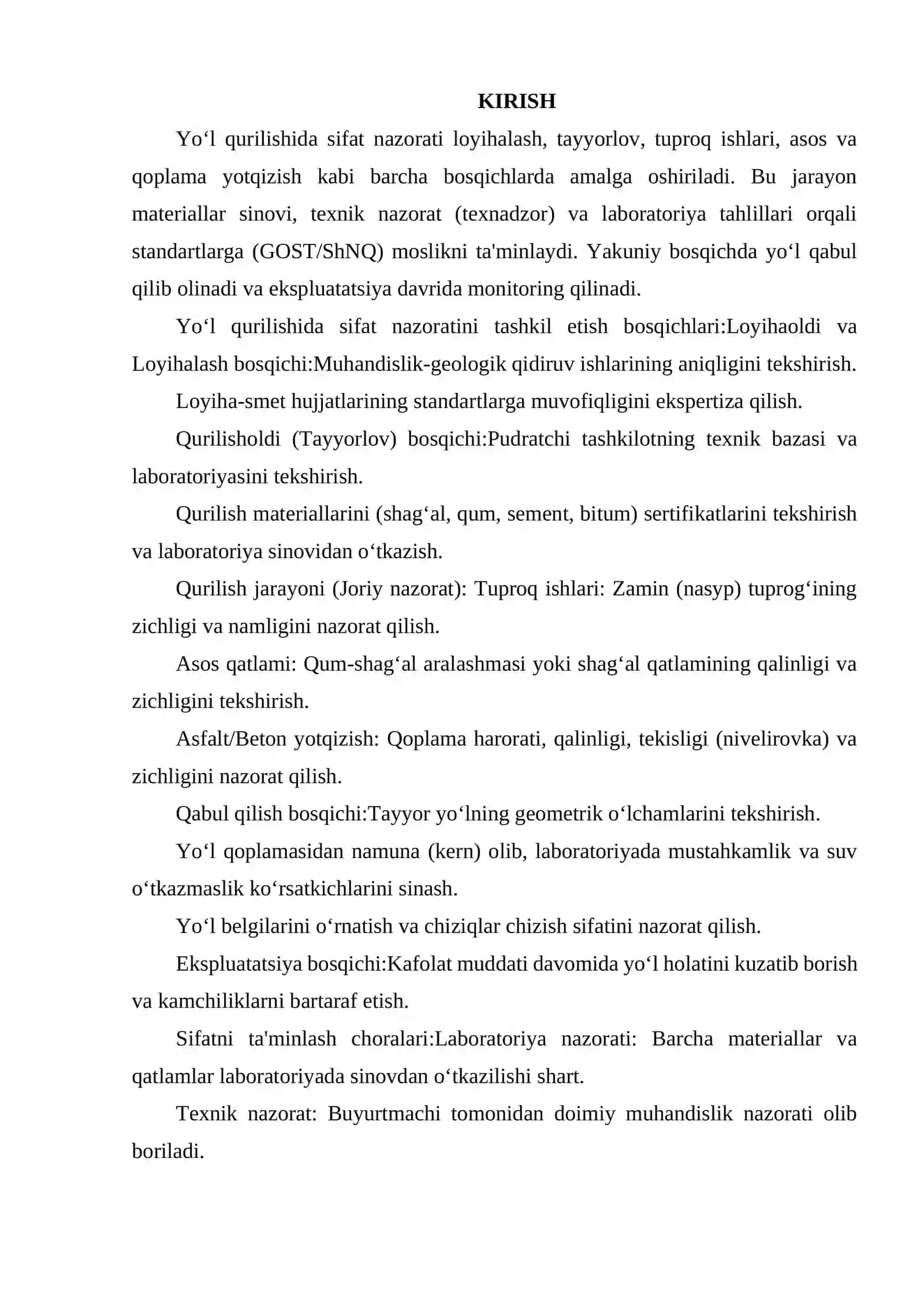 YO‘L QURILISHINING BARCHA BOSQICHLARIDA SIFAT NAZORATINI TASHKIL ETISH 2